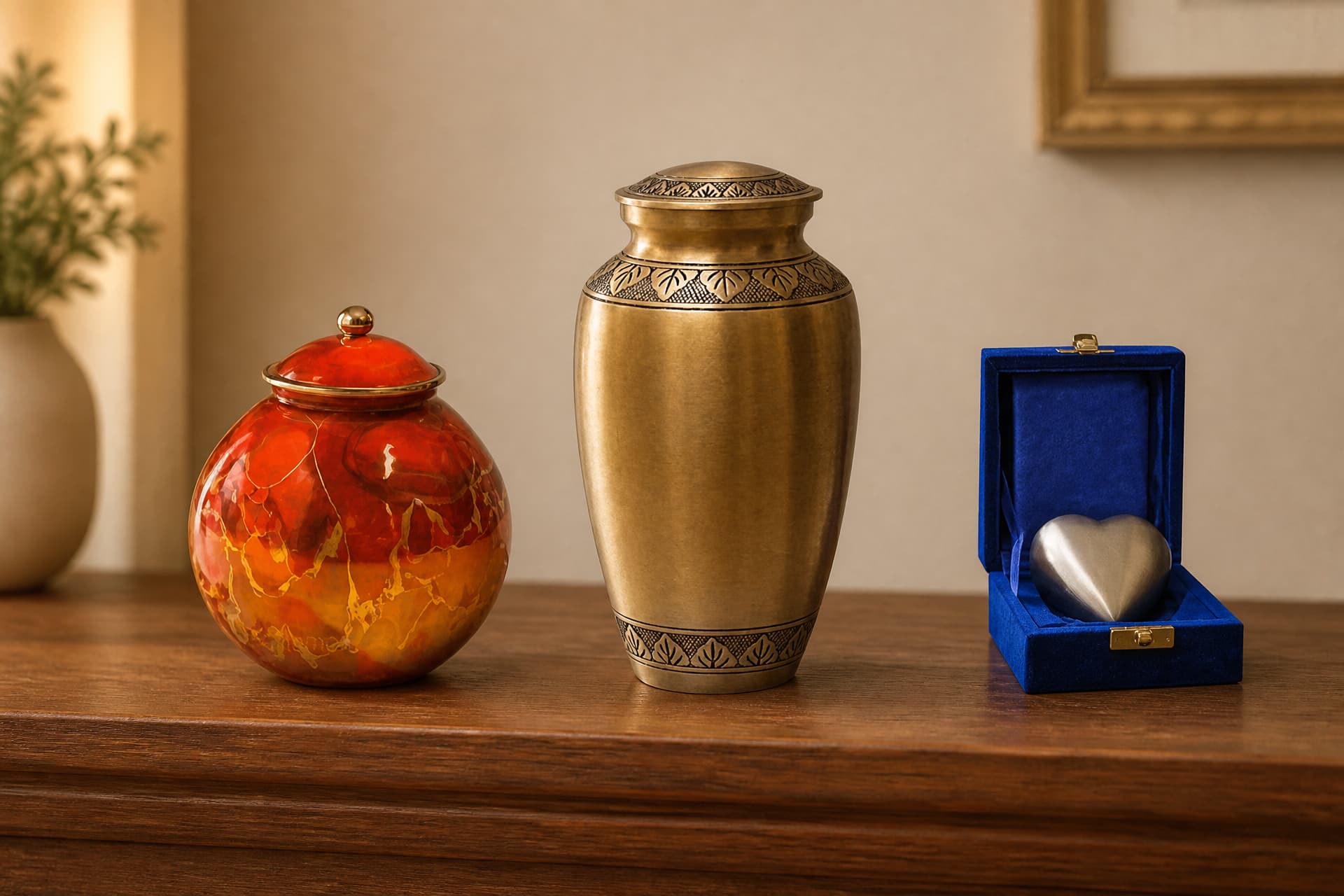 Three keepsake cremation urns in a row on a polished wooden sideboard: a red and amber marbled ceramic urn, a bronze urn with an engraved leaf band, and a small pewter heart in an open blue velvet case