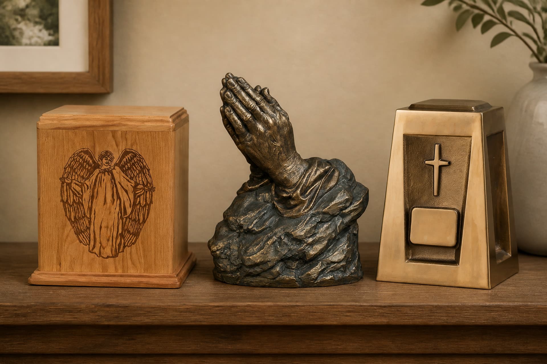 Three religious cremation urns in a row on a wooden sideboard: a pale wooden box urn with a standing angel carved into its front, a bronze praying-hands sculpture on a rock base, and a tapered bronze urn with a raised cross