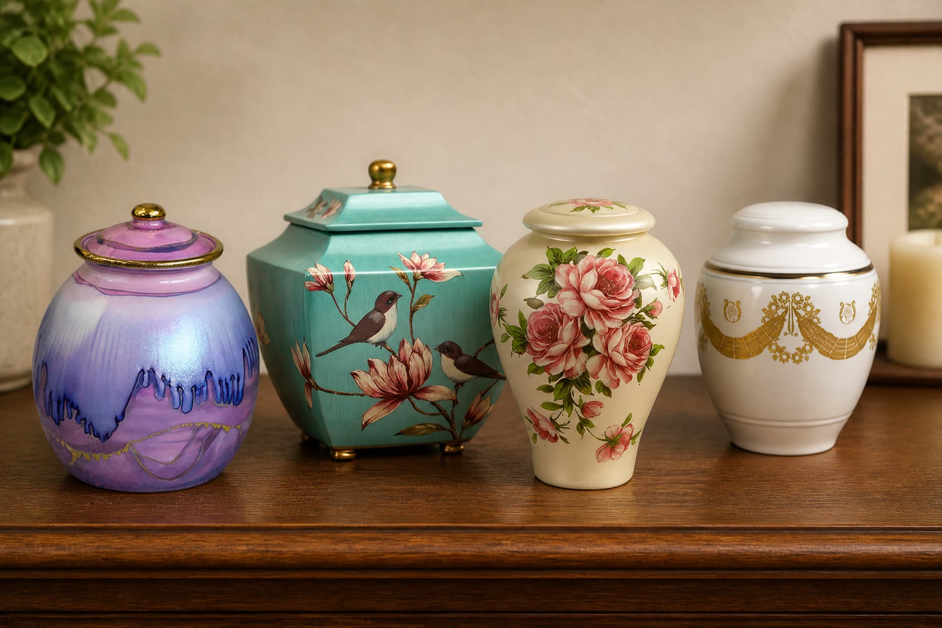 Four ceramic cremation urns on a wooden shelf โ a round purple luster urn with a gold-rimmed lid, a teal footed square urn painted with songbirds and magnolia, a cream urn with pink roses, and a white urn with gold swags