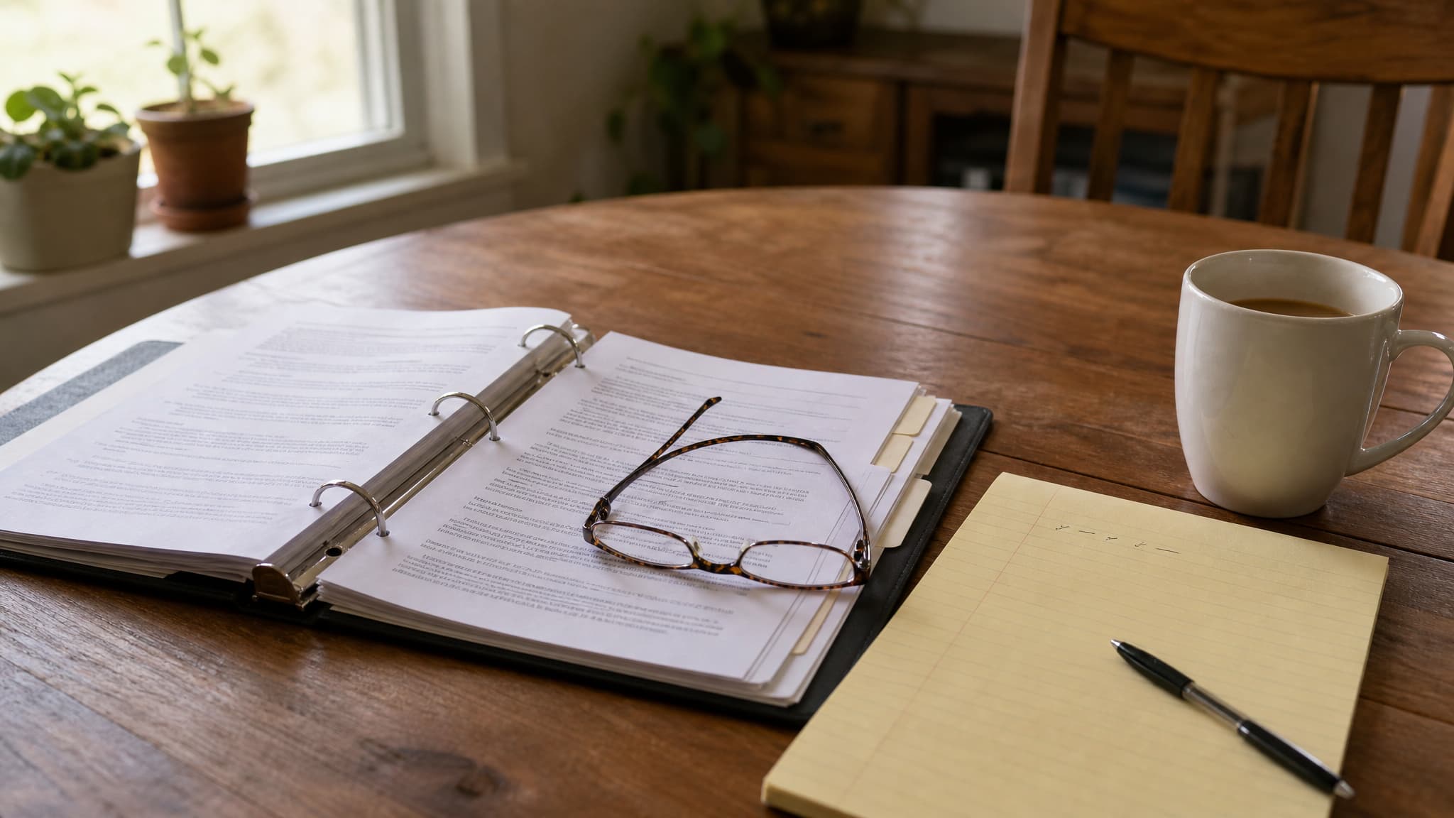 A kitchen table with an open ring binder of funeral home price sheets, a legal pad with figures written down the margin, reading glasses and a half-full mug of coffee