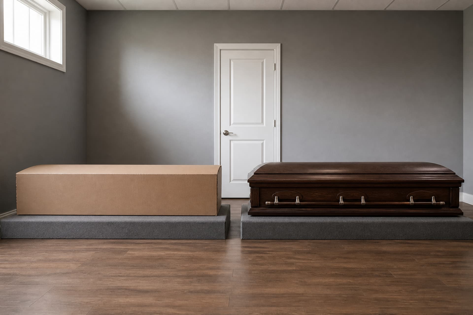 A plain unfinished cardboard cremation container beside a polished wooden casket in a funeral home selection room, both shown at the same angle and the same height for comparison