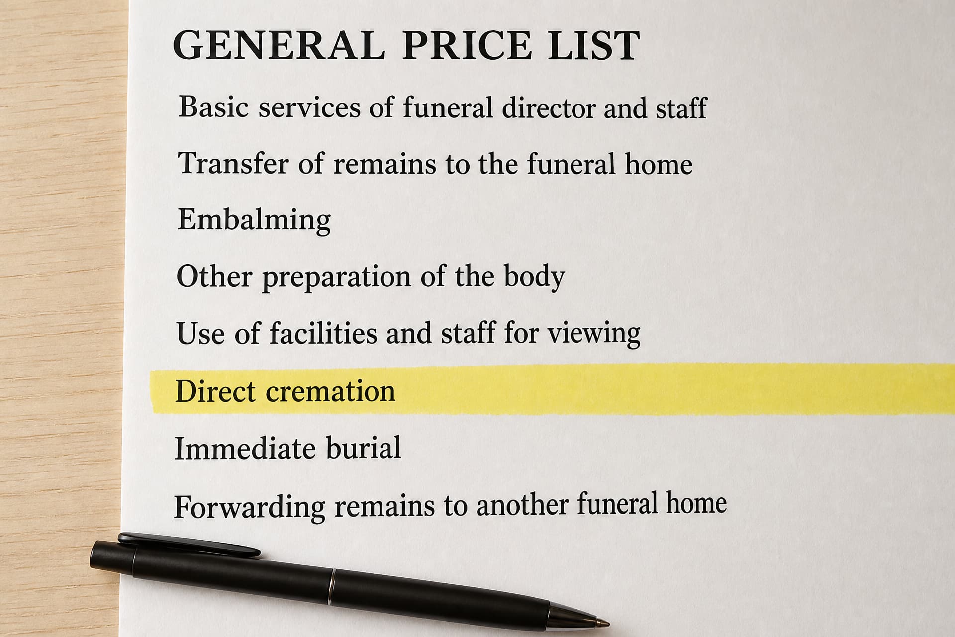 A printed General Price List on a desk with the direct cremation line highlighted in yellow, a pen resting across the page