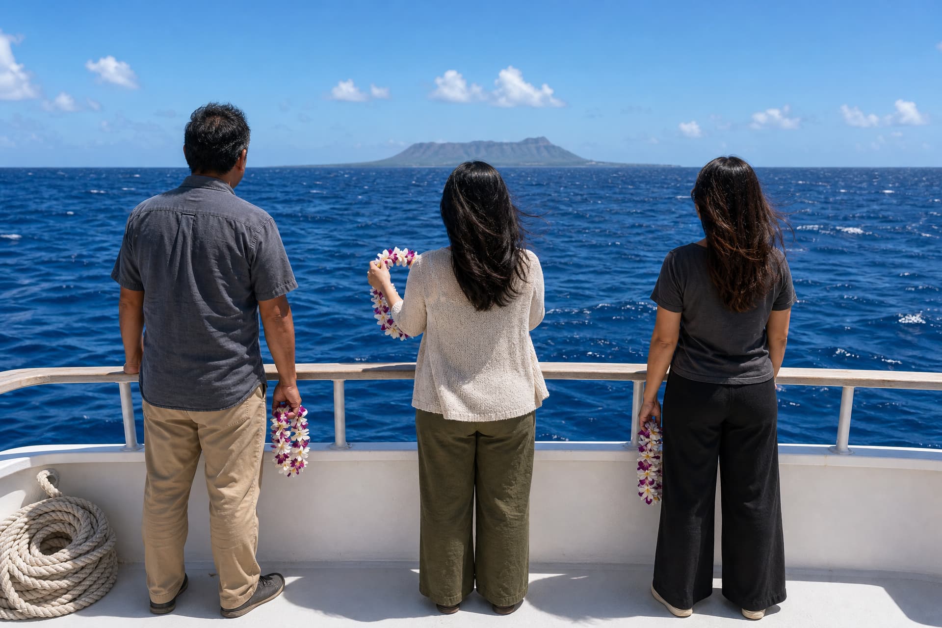 Over the stern rail of a small charter boat well out at sea in bright midday sun, three people stand at the rail with their backs to the camera holding flower leis, with Diamond Head low on the distant horizon