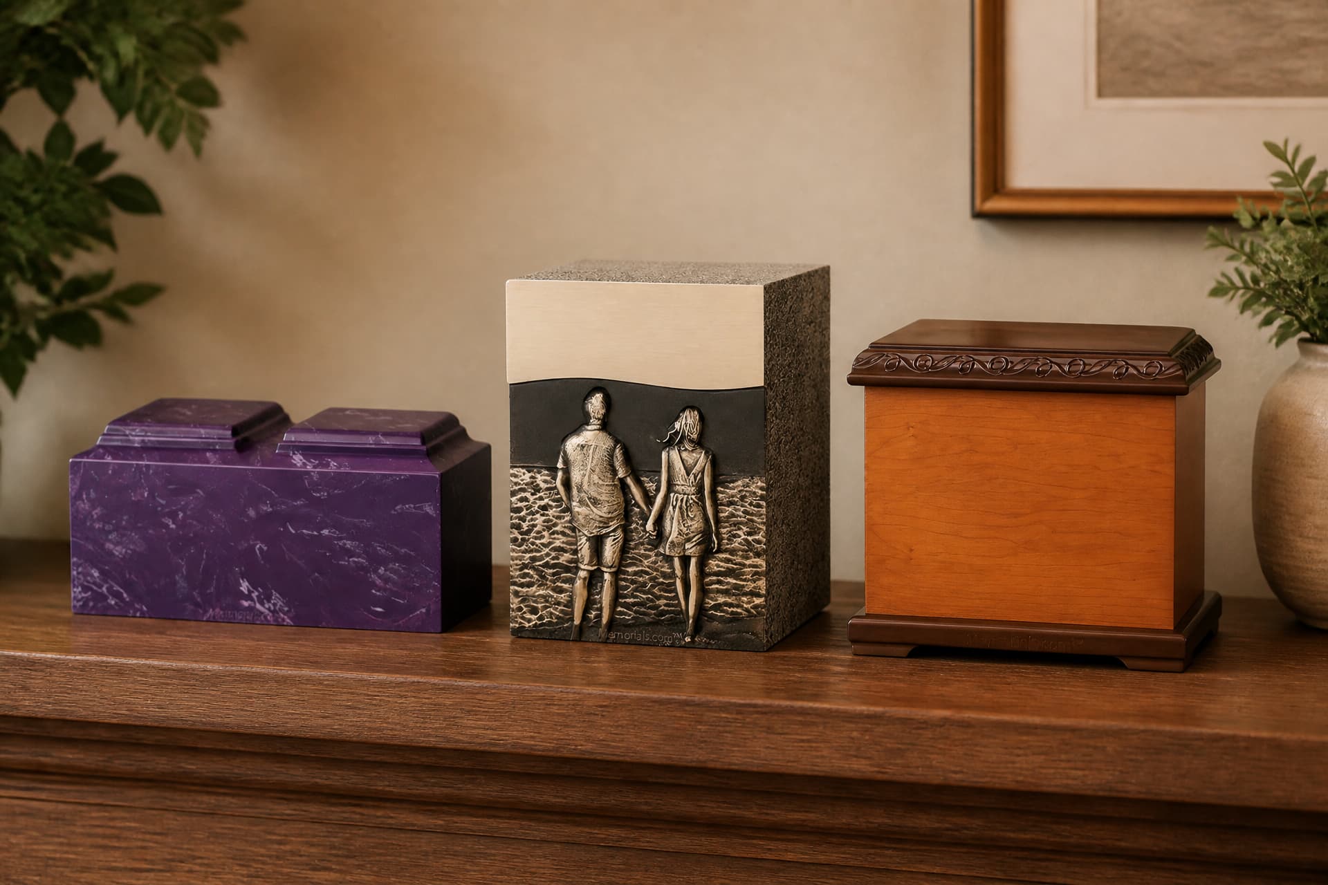 Three companion cremation urns on a wooden shelf in soft daylight: a wide purple marble urn with two lidded chambers, a bronze urn showing a couple walking on a beach, and a cherry wood box with a carved lid