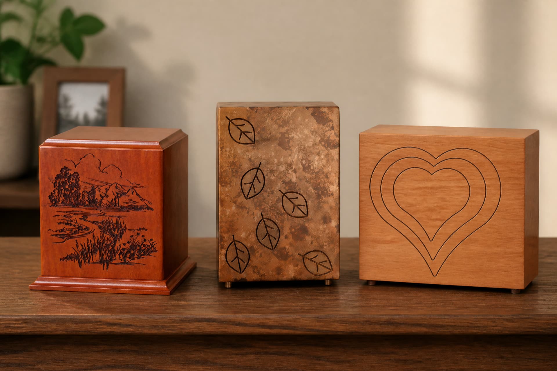 Three wooden cremation urns spaced along a dark wood sideboard in soft daylight: one engraved with a mountain river scene, one with a mottled copper finish and falling leaves, and one wide box carved with a triple heart