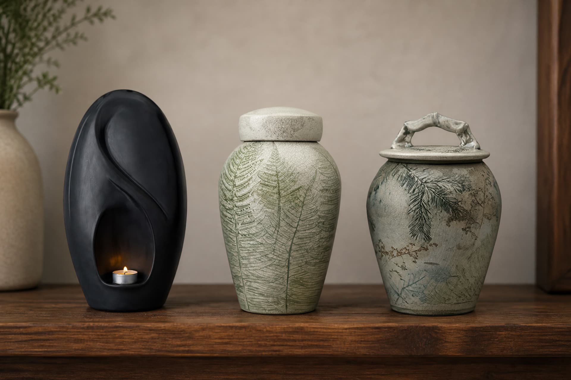 A black matte oval ceramic urn holding a lit tea light, a pale fern-impressed raku urn and a gray-green raku urn with a handled lid, standing left to right on a dark wooden shelf