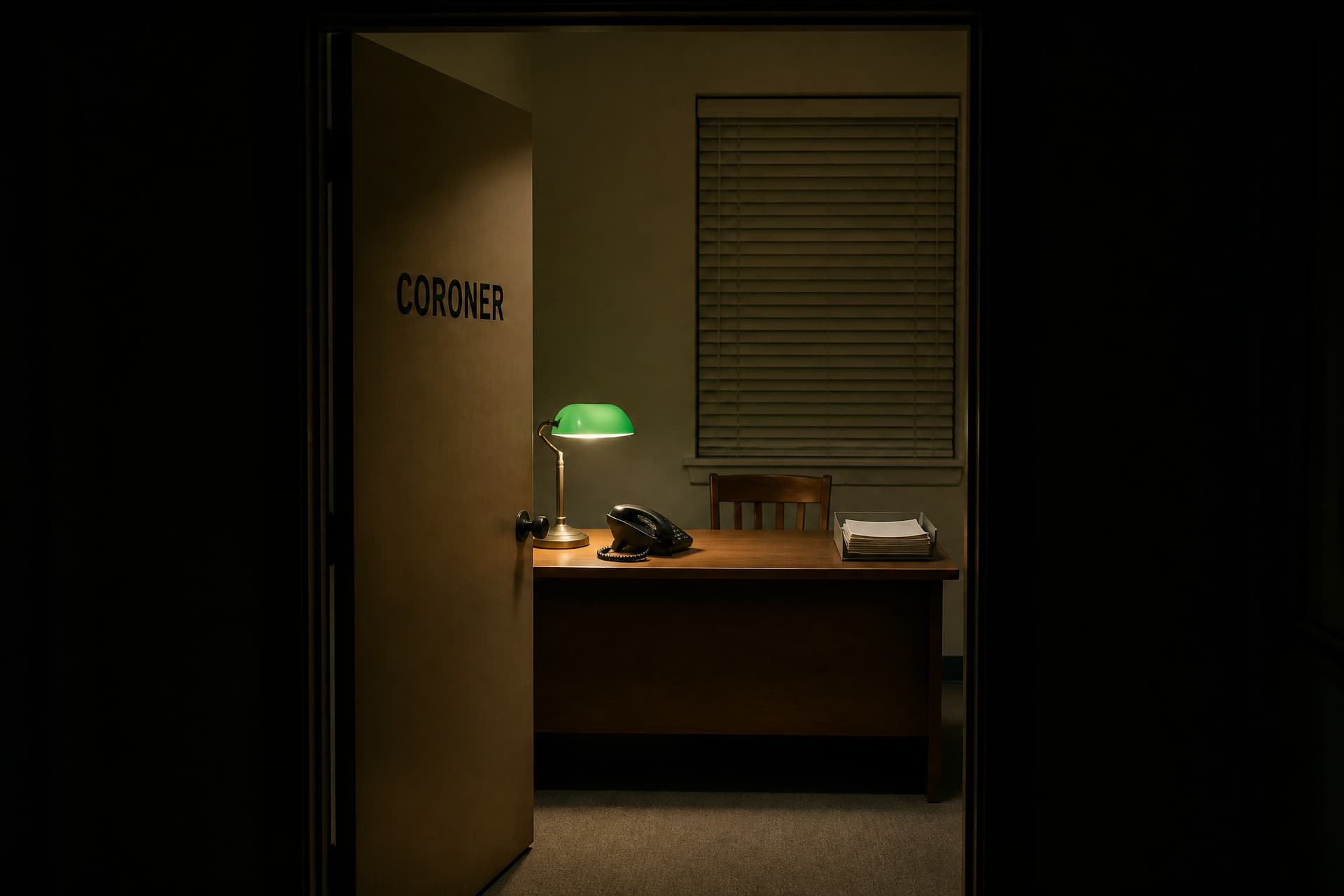 A county coroner's office at night seen through the open doorway, CORONER lettered in black on the door, a green-shaded lamp lighting a wooden desk with a black corded telephone and a paper tray