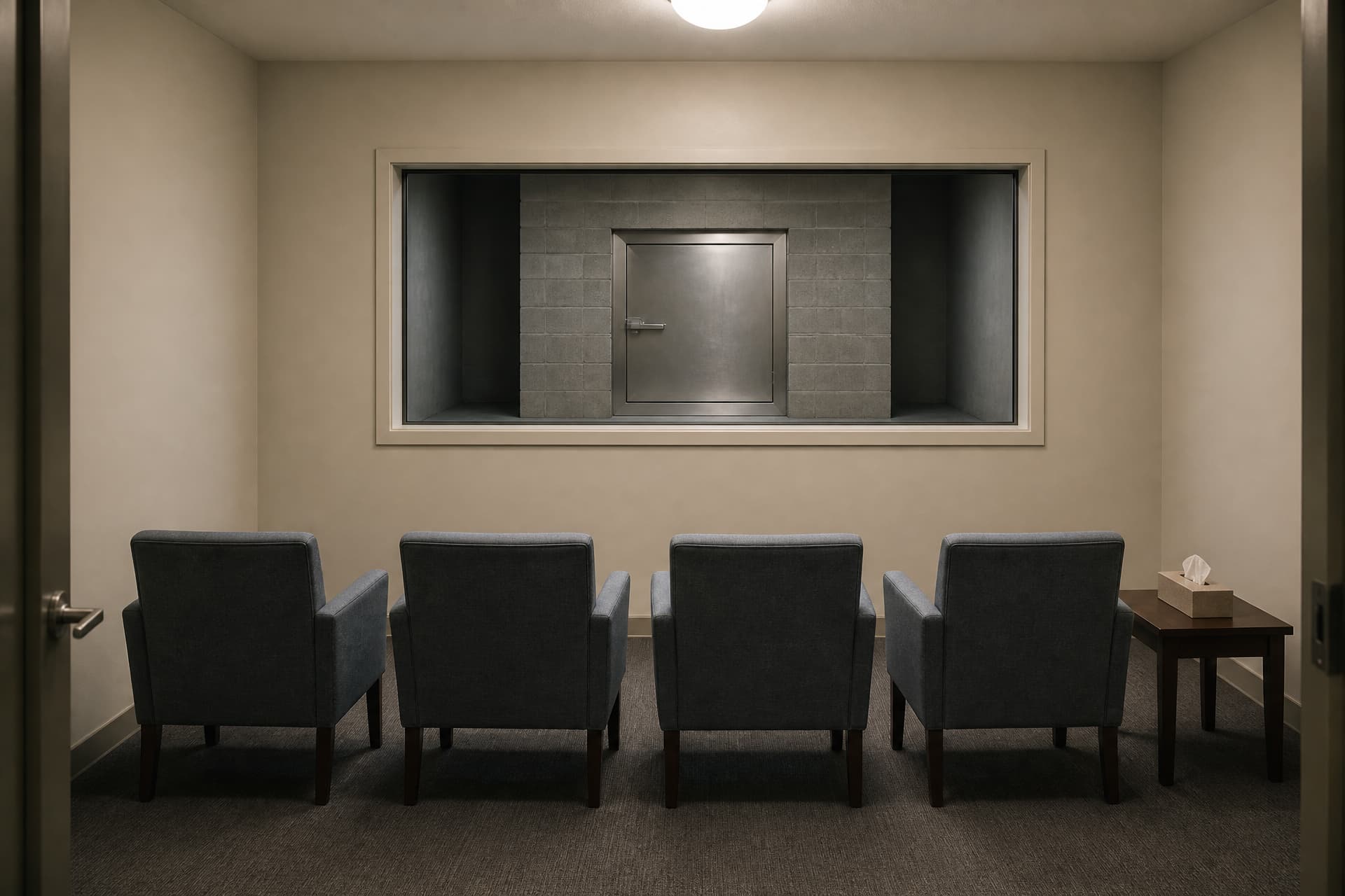 Four gray upholstered chairs in a row in a small carpeted anteroom, seen from behind, facing a wide window onto a block-walled crematory bay and the closed steel door of the chamber beyond
