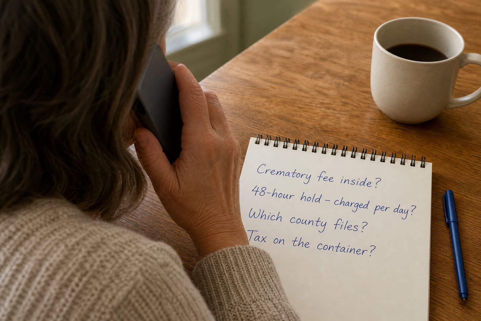 Over the shoulder of a woman at a kitchen table, a phone to one ear, an open notepad beside a mug carrying four handwritten lines: "Crematory fee inside?", "48-hour hold - charged per day?", "Which county files?", "Tax on the container?"