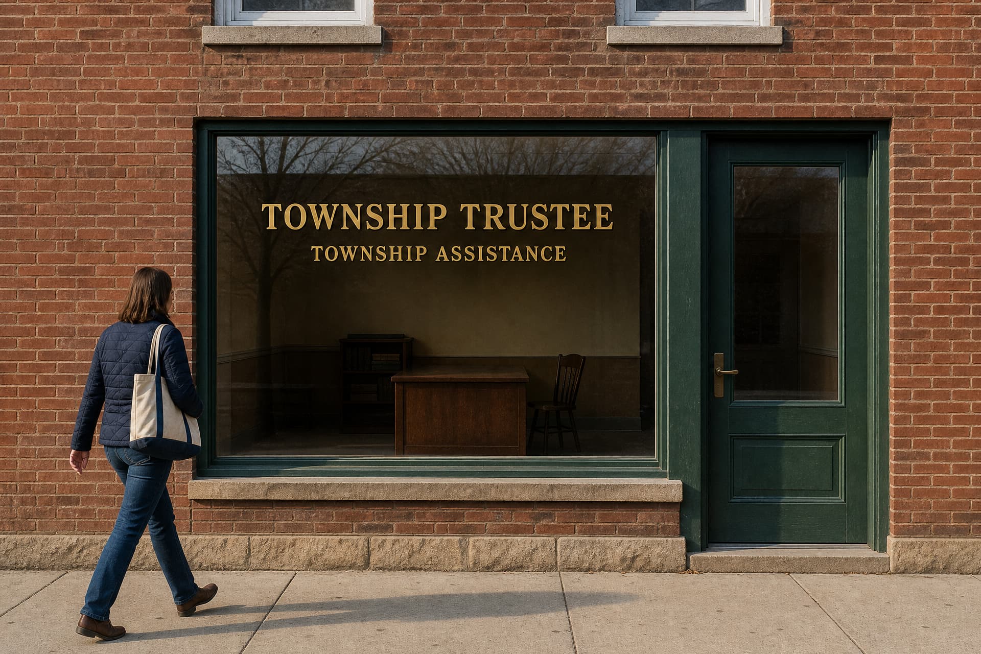 A small-town Indiana storefront office in a two-story red brick block on a weekday morning, its plate-glass window lettered in gold TOWNSHIP TRUSTEE above a smaller TOWNSHIP ASSISTANCE, a desk and chair visible inside, one woman walking past