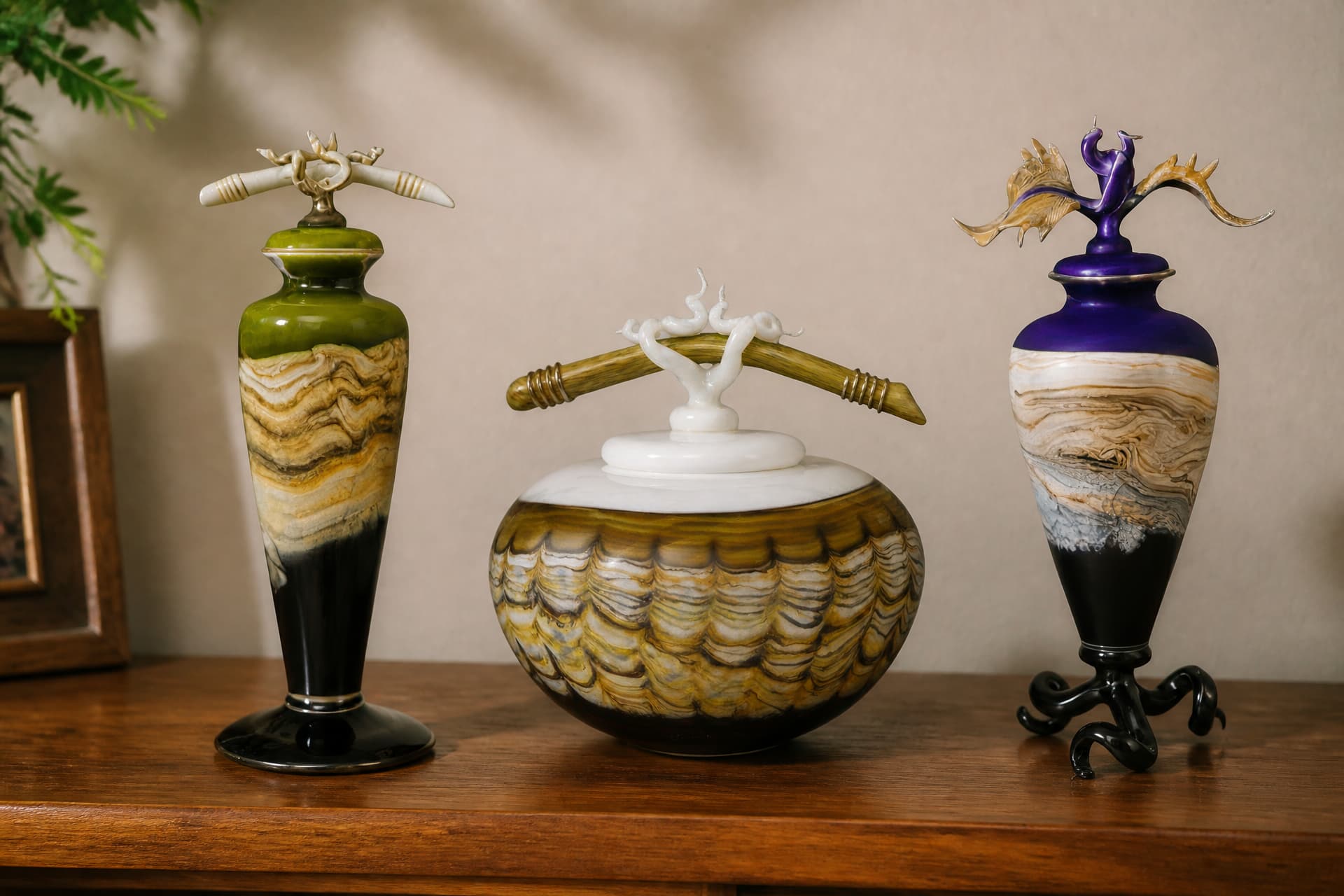 Three art cremation urns on a wooden sideboard: a tall lime-green footed urn with a white antler finial, a wide squat globe with a white lid and a crossed finial, and a purple urn on black curled tripod feet