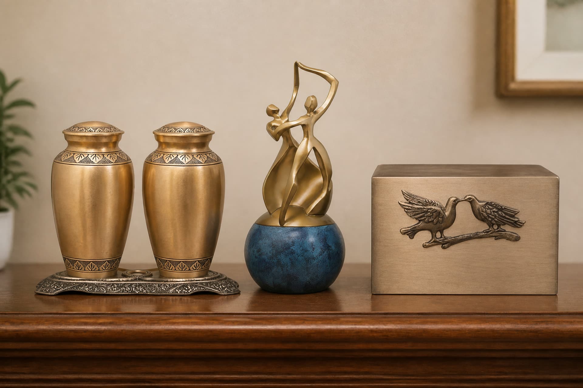 Three companion cremation urns on a wooden shelf: a matched pair of leaf-banded bronze vases on one shared base, a gold two-figure dancing sculpture on a mottled blue sphere, and a brushed bronze box with two doves on a branch