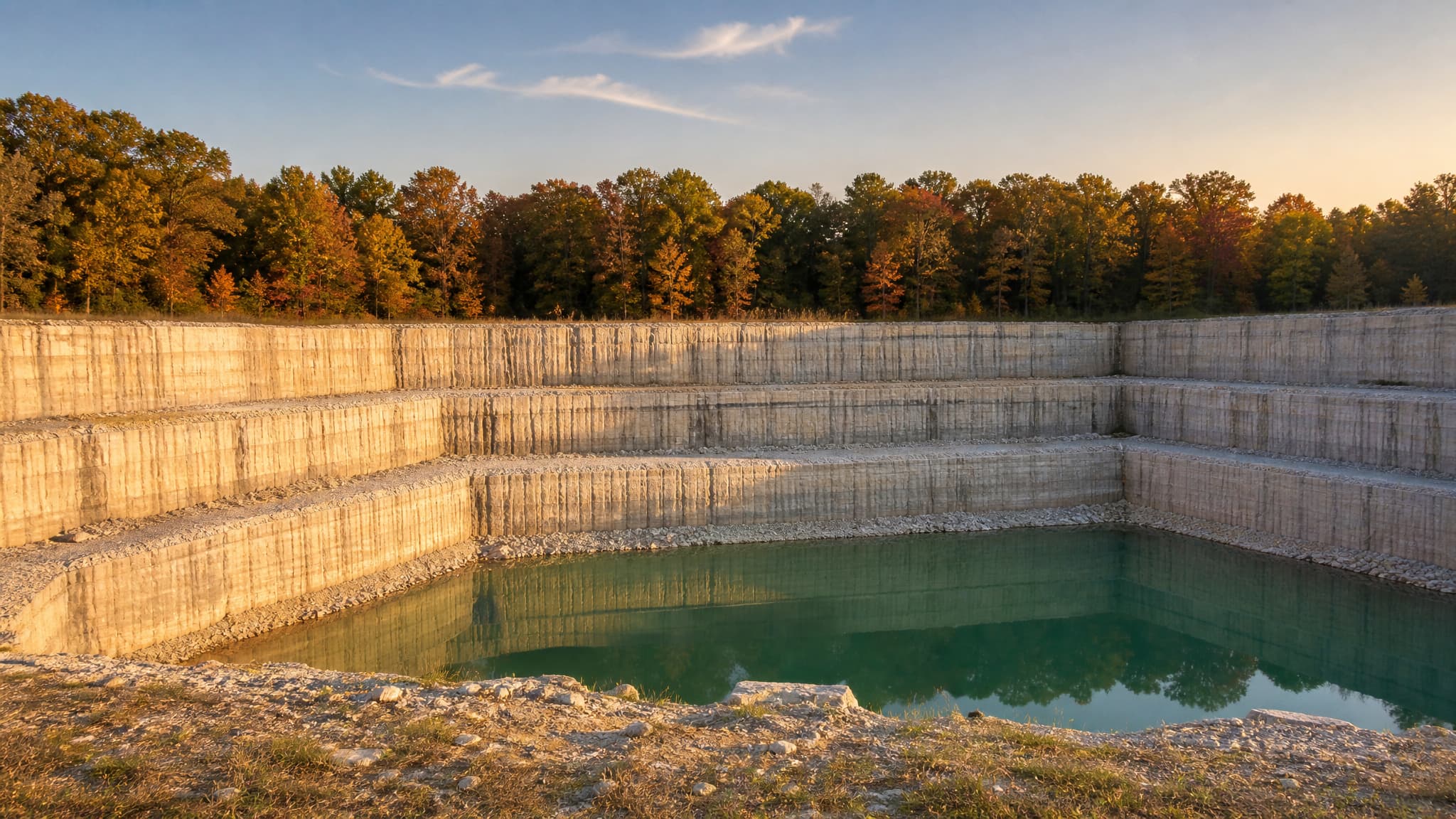 A worked Indiana limestone quarry face in late afternoon light, pale rectangular cuts stepping down in wide terraces to still green water at the bottom, hardwood trees along the rim above the topmost bench