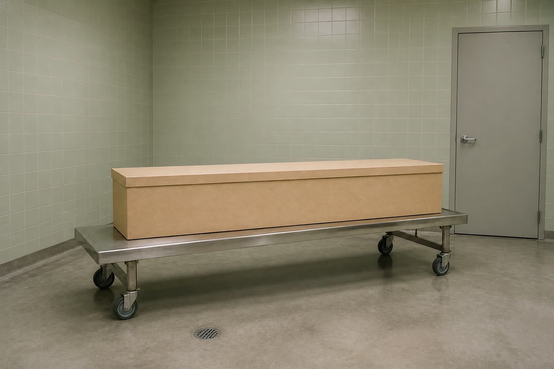 A plain unprinted fiberboard cremation container about six and a half feet long, seen side-on across a stainless steel wheeled trolley in a bare tiled preparation room, a closed door at the right giving its scale