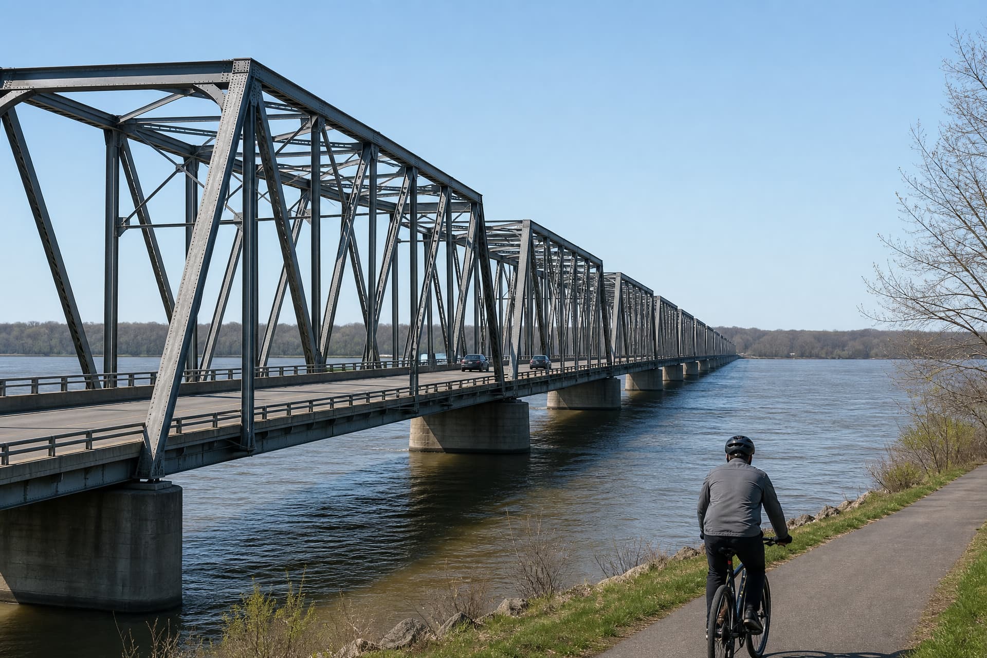 A steel truss highway bridge running away over a wide river on a clear morning, two small cars in the right-hand lane driving away from the camera, and a cyclist on the near-bank path for scale