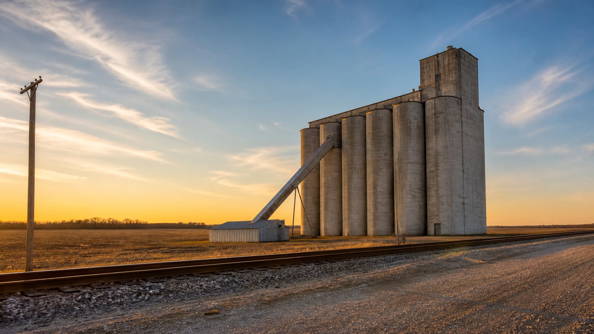 A tall concrete grain elevator with a row of cylindrical silos beside a single rail siding under a wide open sky in late afternoon light, the empty track running out of the frame toward flat farmland and a distant treeline