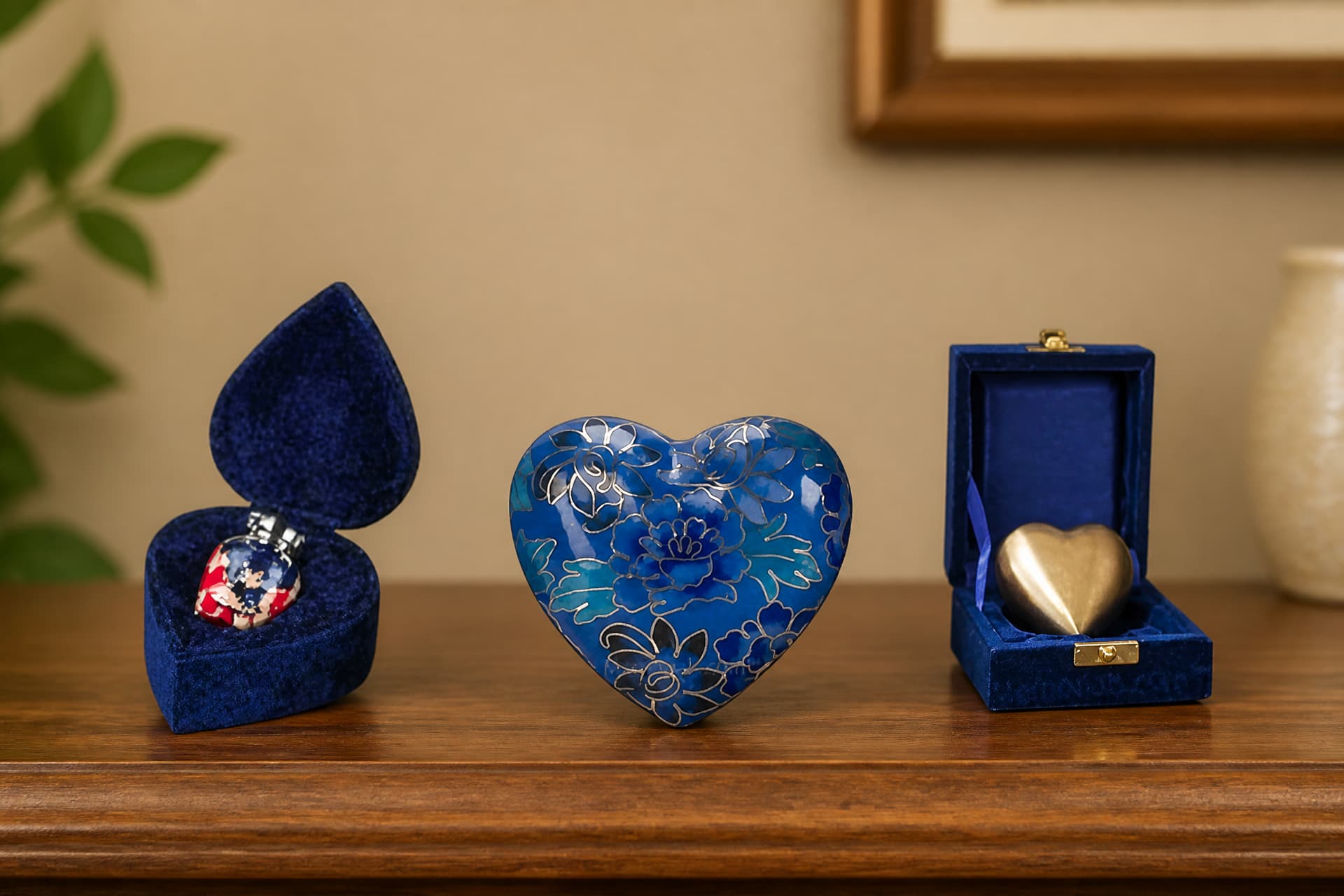 Three small keepsake heart urns on a shelf: a flag-patterned heart in an open heart-shaped velvet box, a blue floral cloisonne heart alone, and a brass heart in a square velvet box