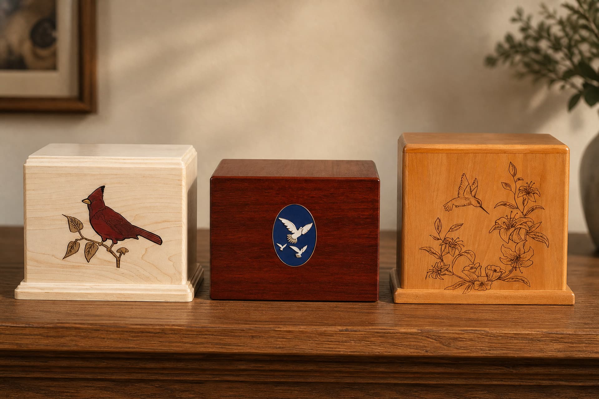 Three wooden box urns on a dark shelf: a maple urn inlaid with a red cardinal, a rosewood urn with an oval blue dove medallion, and a cherry urn engraved with a hummingbird and lilies