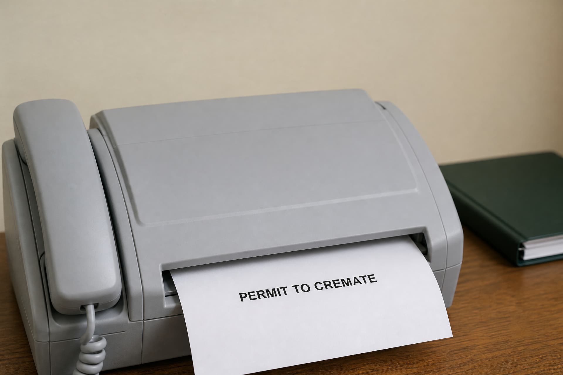 A gray fax machine on a wooden counter in a funeral home office, its corded handset in a cradle on the left, a sheet feeding out of the front slot printed PERMIT TO CREMATE, and a closed green binder behind