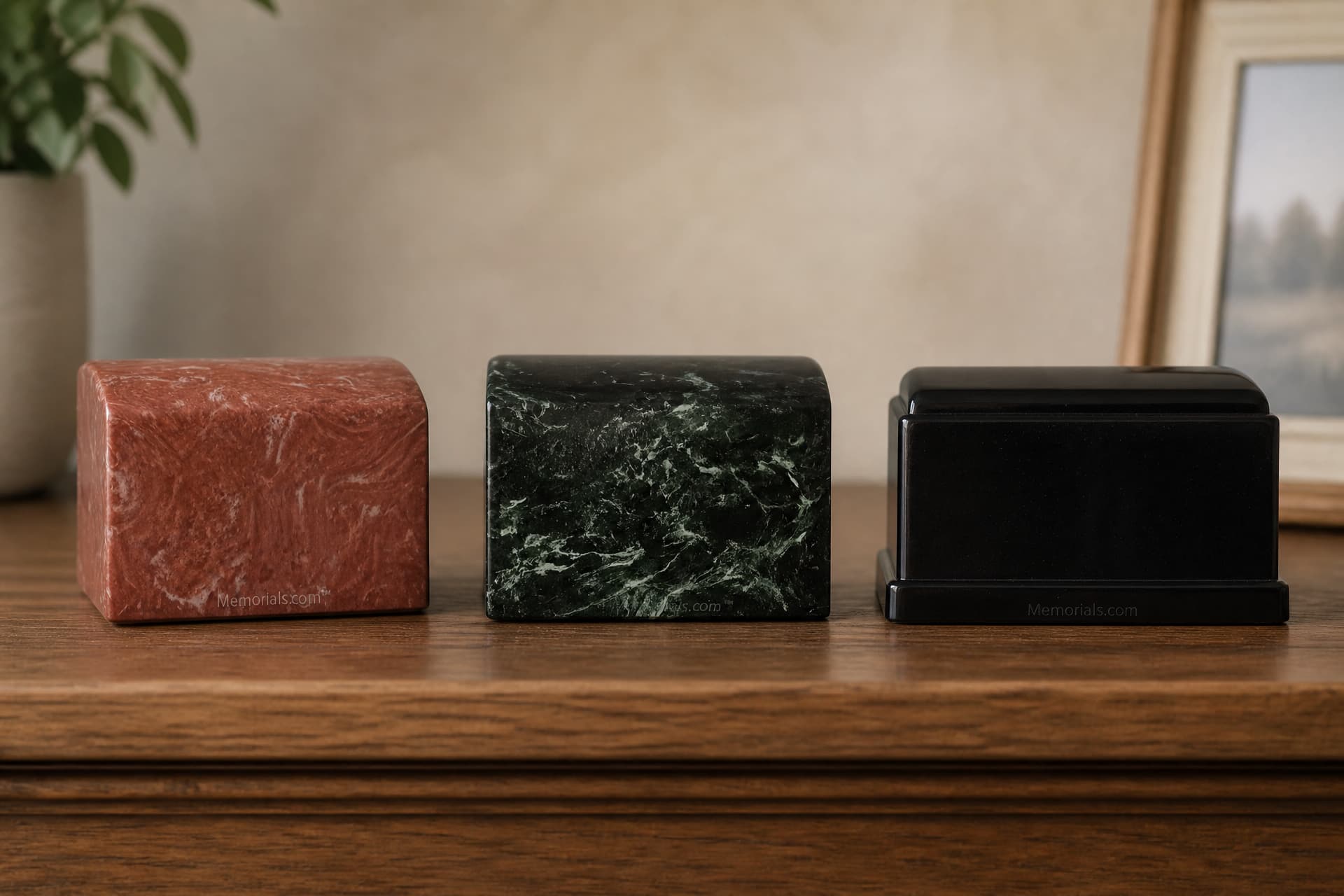 Three cultured stone cremation urns in a row on a polished wooden sideboard: a coral-red marble box, a dark green jade marble box, and a glossy black granite one standing on a stepped plinth base