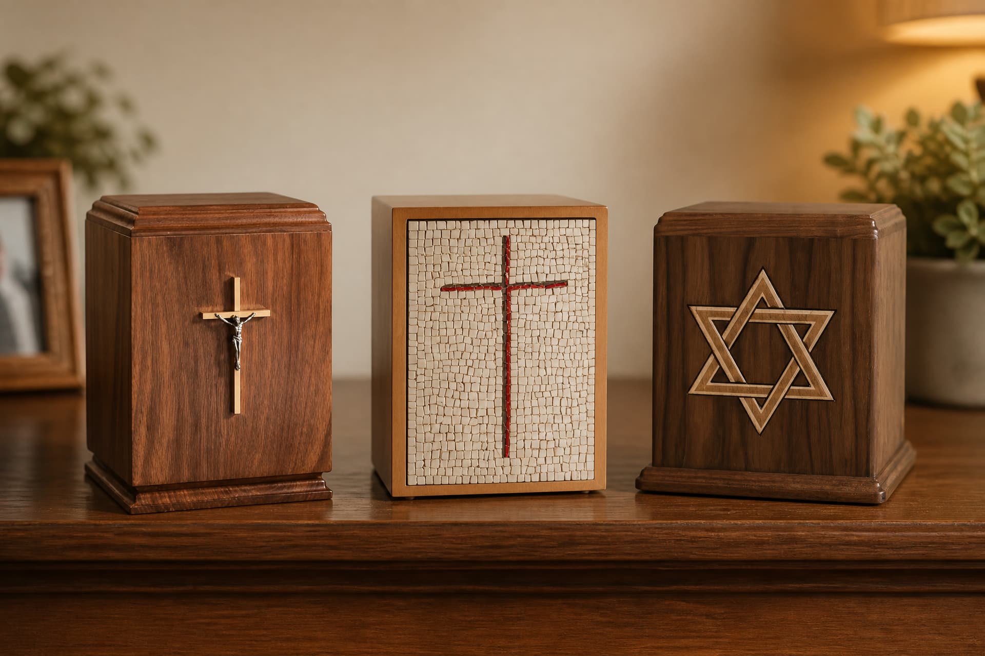 Three religious cremation urns on a wooden sideboard: a walnut box with a raised crucifix, a light wood box faced with a cream mosaic panel and a red cross, and a walnut box inlaid with a Star of David