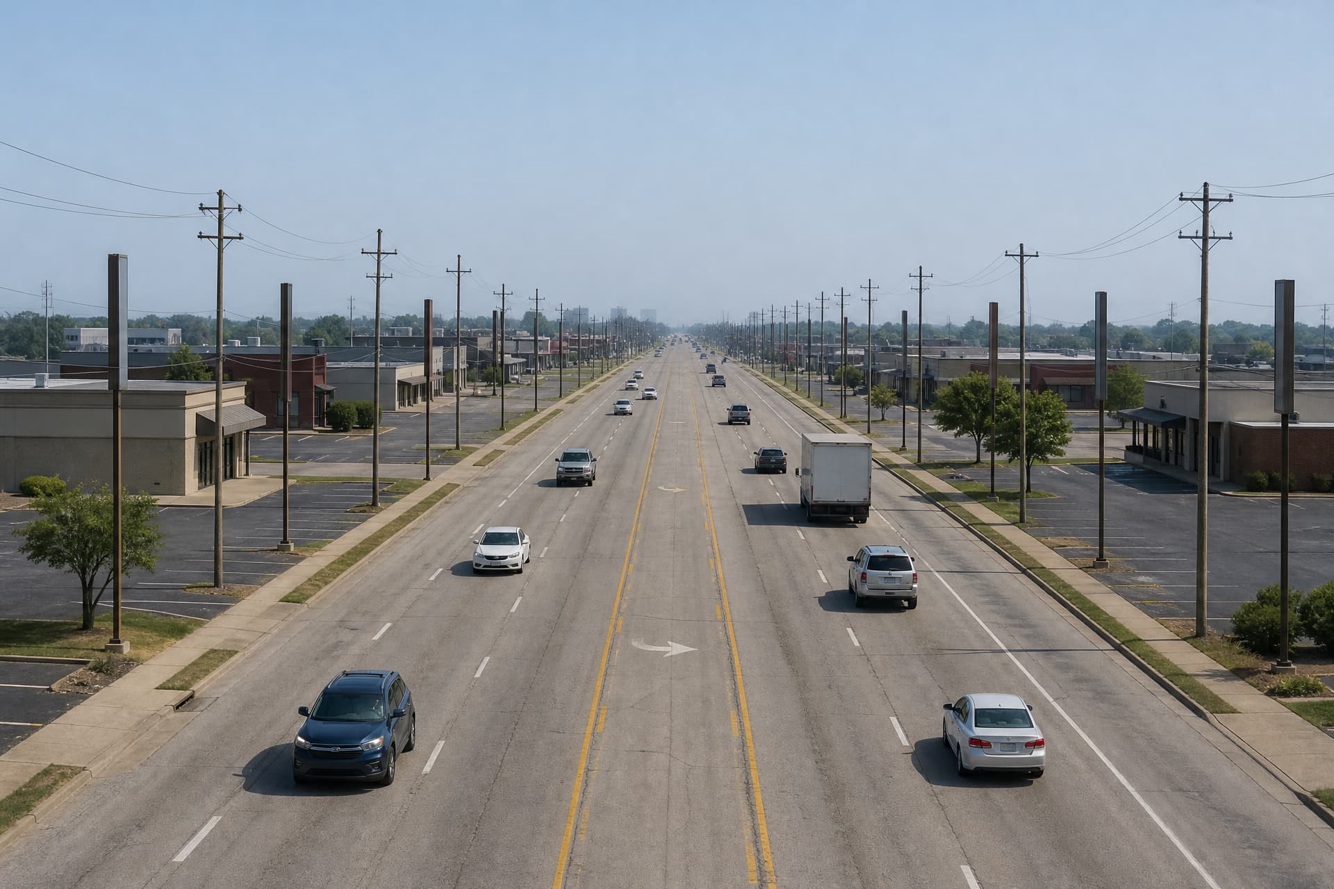 A four-lane Louisville commercial corridor with a center turn lane, seen from an overpass looking straight down the road on a hazy summer morning, traffic keeping right in both directions, flat-roofed businesses and utility poles receding into haze