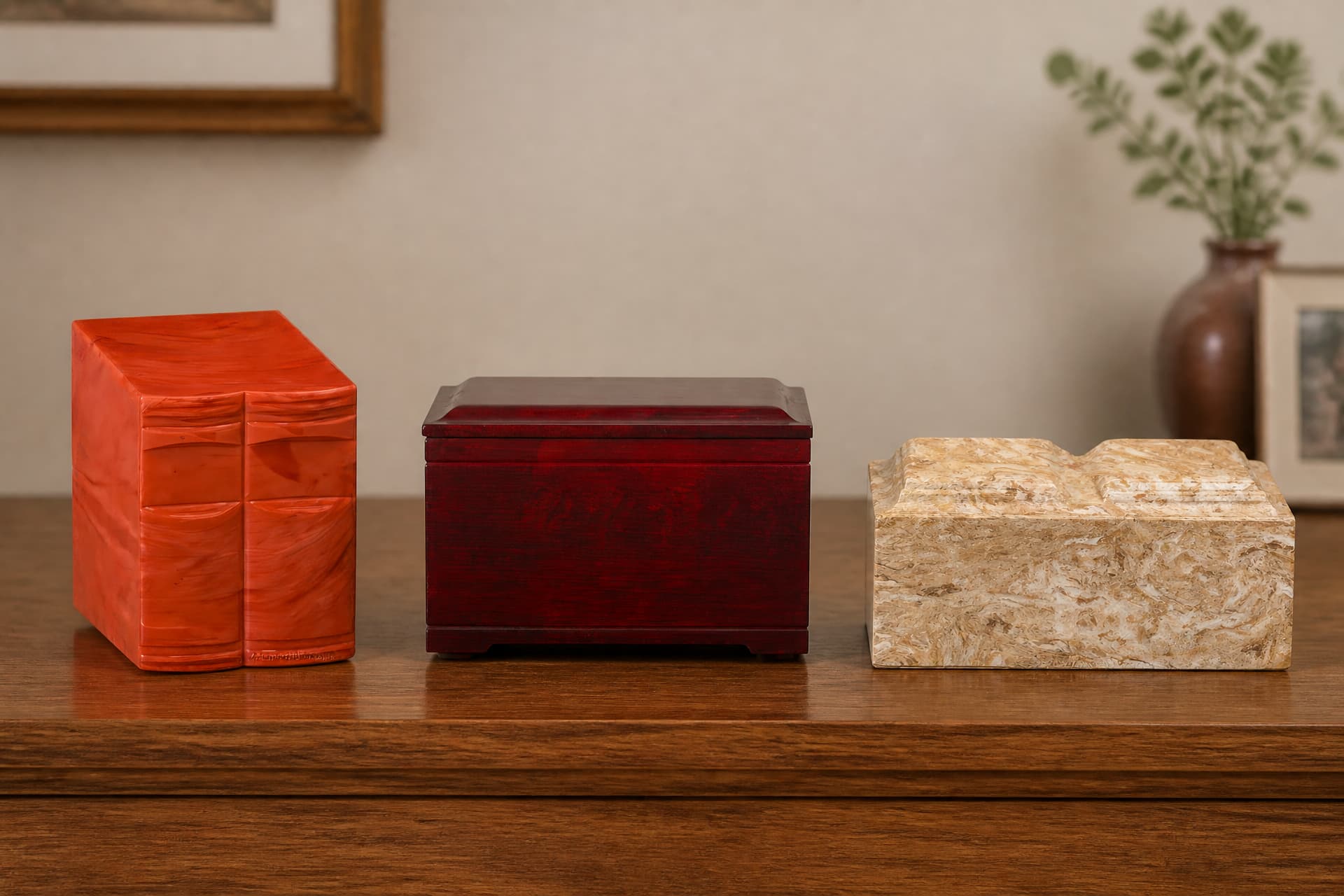Three companion cremation urns in a row on a polished wooden sideboard in warm lamplight โ an orange marbled resin urn, a cherry-red wooden chest and a wide beige stone urn โ with a framed picture and a plant behind