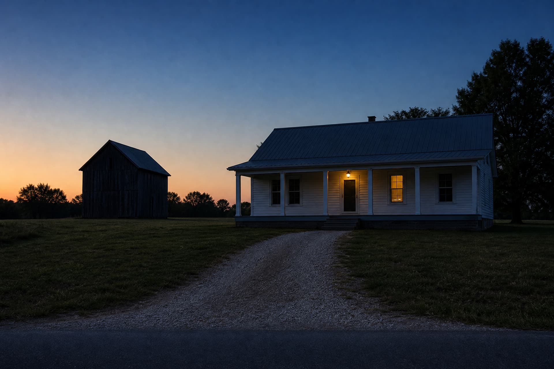 A white clapboard Kentucky farmhouse at dusk, its porch light and one window lit, a pale gravel drive curving from the porch down to a two-lane road, and a dark timber tobacco barn standing in pasture to its left
