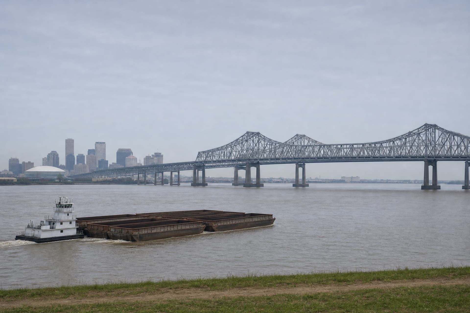 The Mississippi River at New Orleans from the West Bank levee in hazy morning light, twin steel cantilever bridges crossing toward the downtown skyline and its domed stadium, and a towboat pushing four barges in the foreground