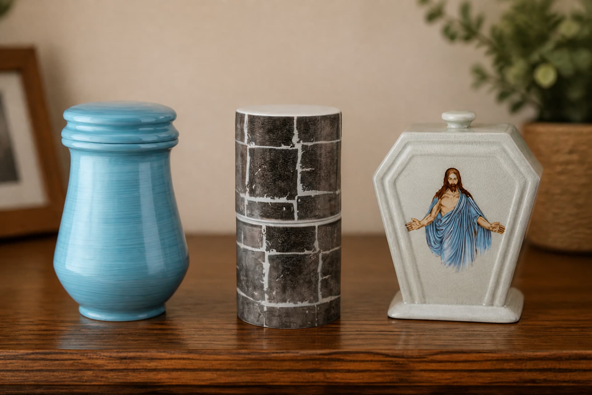 Three ceramic cremation urns in a row on a wooden sideboard: a turquoise ribbed jar, a gray cylinder printed to look like stone blocks, and an ivory hexagonal urn bearing a painted image of the risen Christ