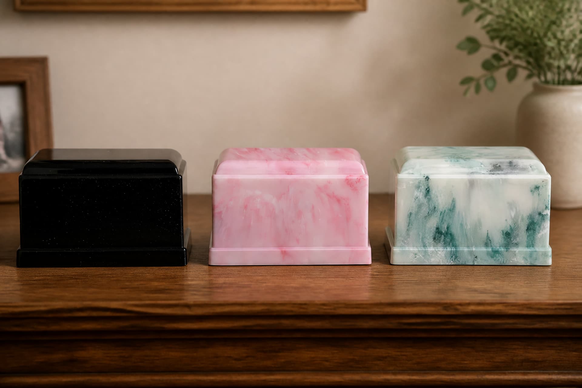 Three rectangular cultured stone cremation urns of the same profile standing in a row on a wooden sideboard, one black granite, one pink, one white veined with teal, with no lettering or engraving on any of them