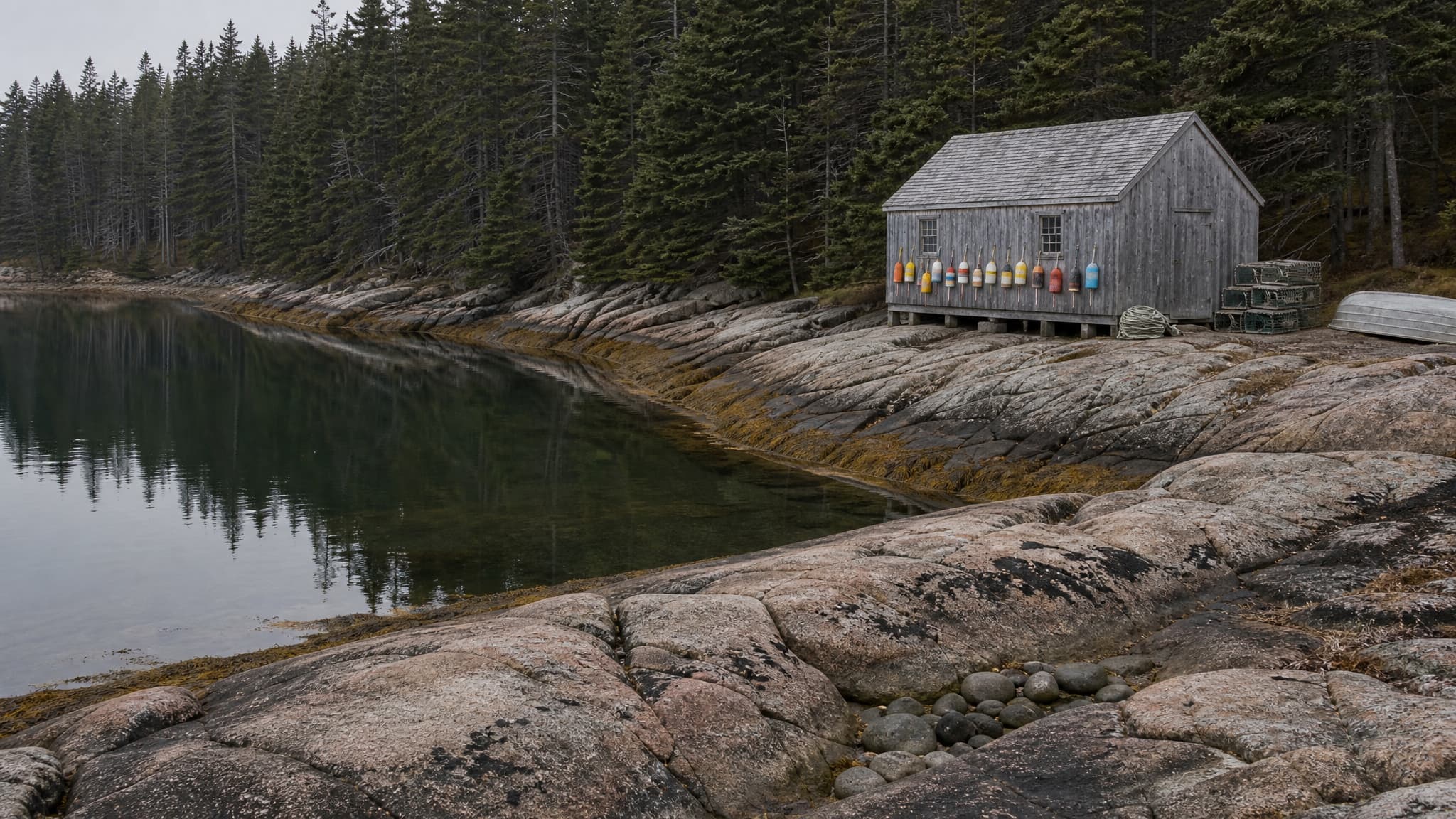 A granite Maine shoreline with dark spruce growing to the tideline, a weathered wooden fishing shed on posts at the head of the cove, painted lobster buoys hung in a row along its wall, flat gray light