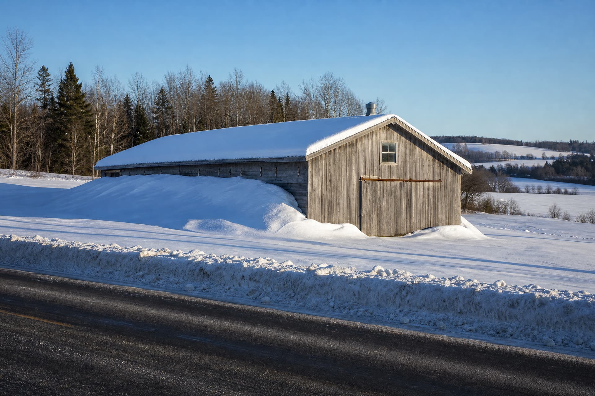 A long earth-banked Aroostook County potato house under deep snow, its weathered board gable end and sliding plank door facing a plowed two-lane road, bare hardwoods and open farmland behind in low winter sun