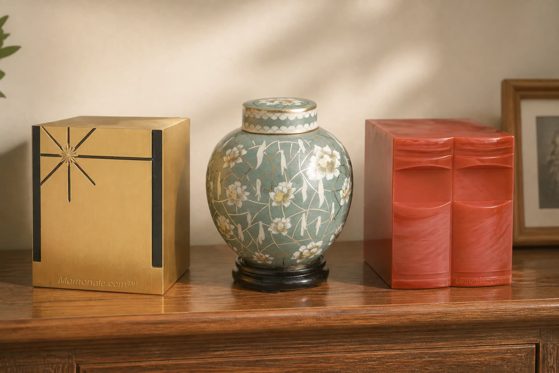 Three companion cremation urns on a wooden sideboard in warm indoor light: a brushed gold cube with an inlaid black star, a sage cloisonne jar with white blossoms on a black stand, and a coral marbled double block