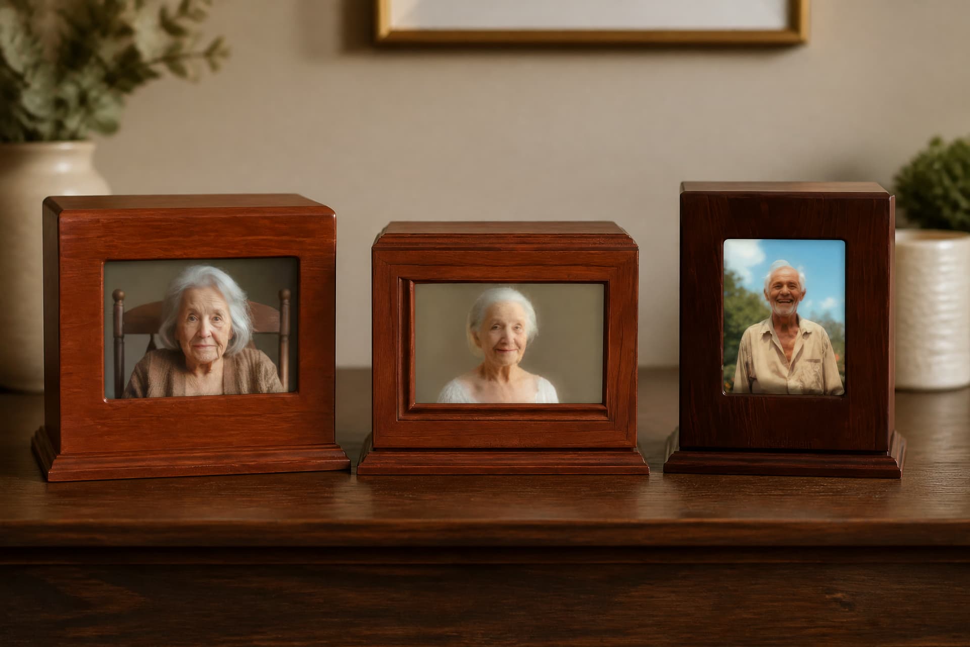 Three photo cremation urns on a wooden sideboard in warm indoor light, each a cherry-toned wooden box with a portrait set into the front, two with wide landscape windows and one taller with an upright window