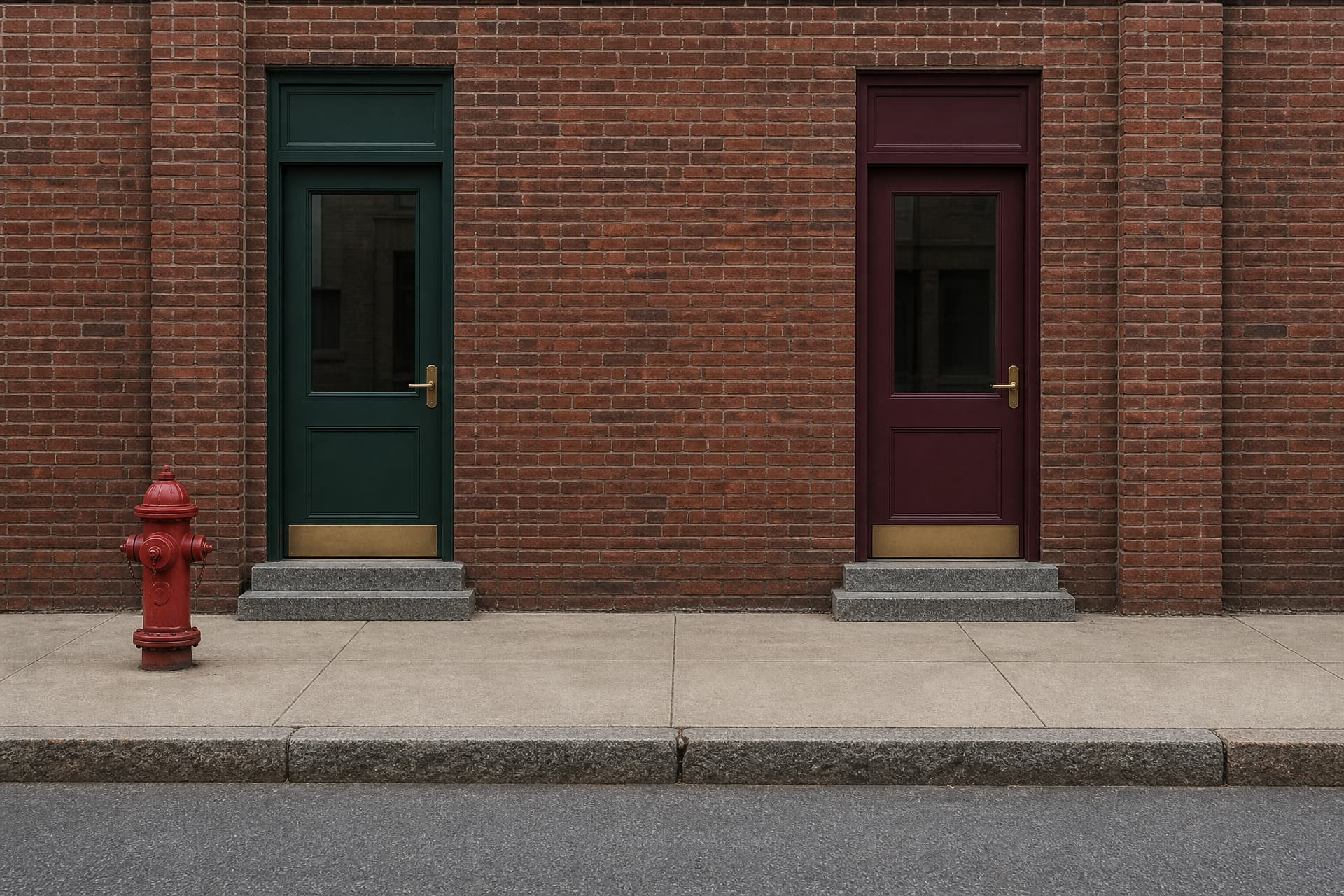A red brick wall on a Maryland main street, two identical street-level doors โ one dark green, one dark maroon โ each on gray granite steps above the sidewalk