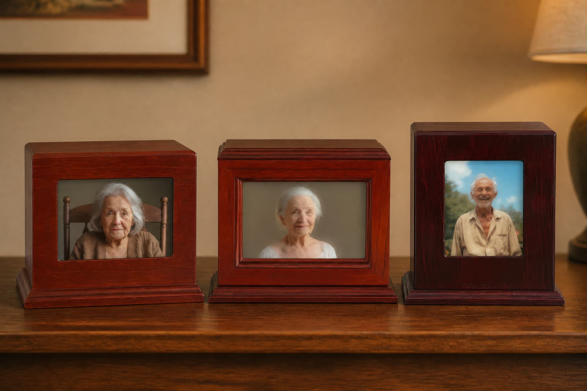Three cherry-finished photo cremation urns on a wooden sideboard, two with landscape photo windows and one with an upright portrait window
