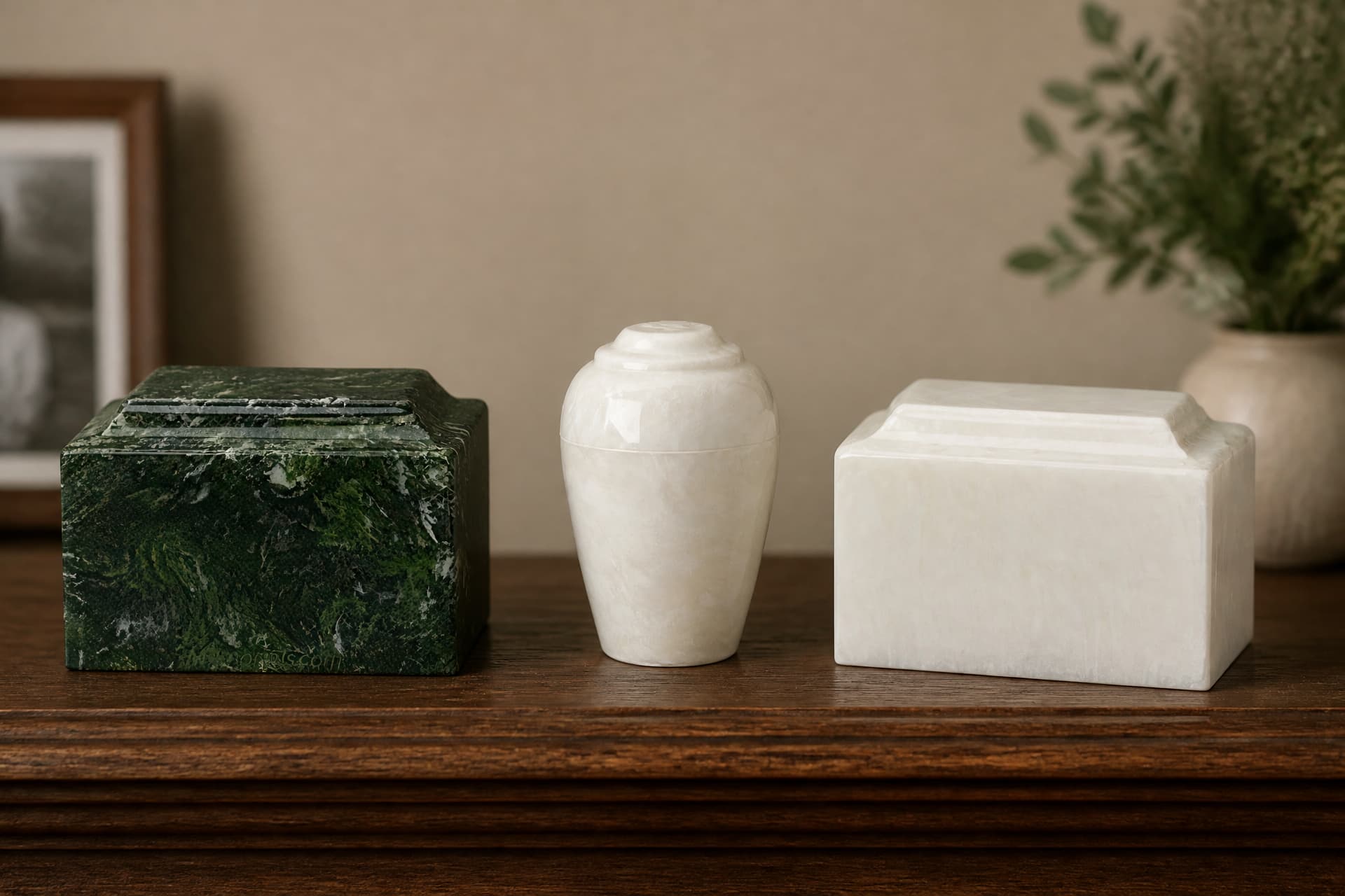 Three cultured stone cremation urns on a wooden sideboard โ a dark green marble box, a white pearl-onyx vase, and a cream pearl-onyx box
