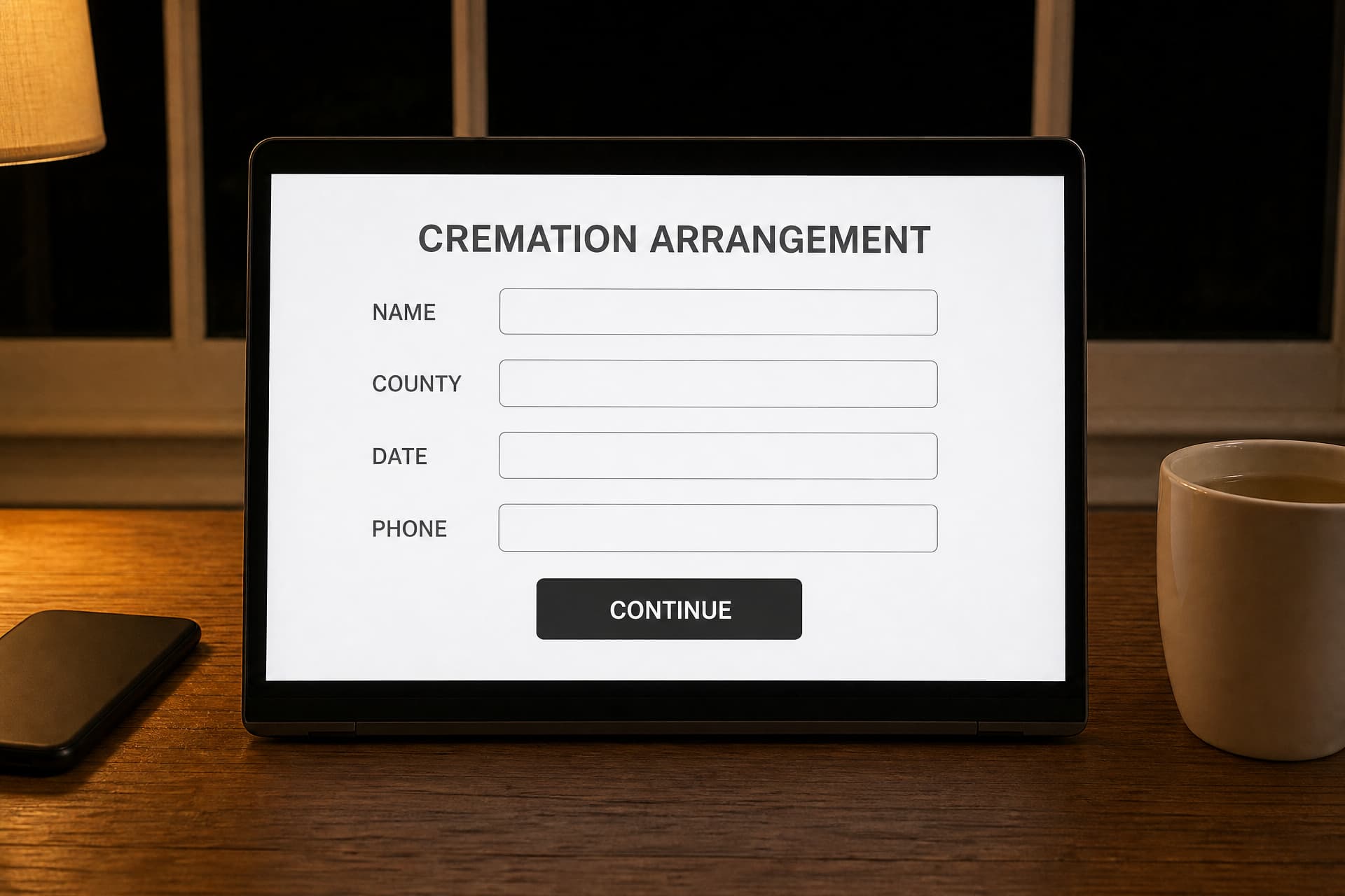 A laptop screen on a dark wooden table at night showing an unfilled web form headed CREMATION ARRANGEMENT, with empty boxes labeled NAME, COUNTY, DATE and PHONE above a CONTINUE button, a phone lying face down at the left and a plain pale ceramic mug at the right, a lamp and an unlit window behind