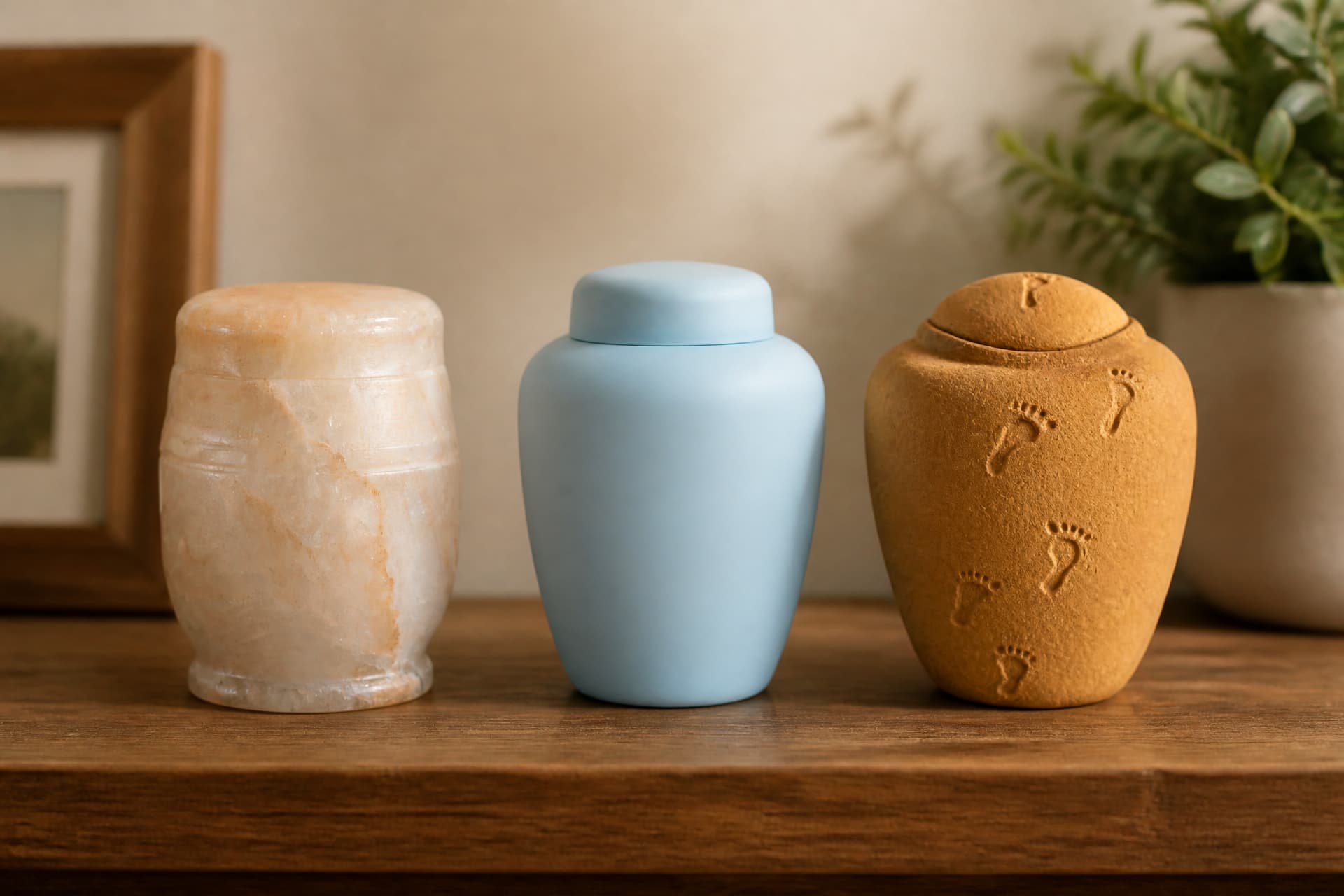 Three biodegradable cremation urns standing in a row on a wooden shelf โ a cream urn with a marbled salt-crystal surface, a plain pale blue urn with a domed lid, and a tan urn impressed with small footprints