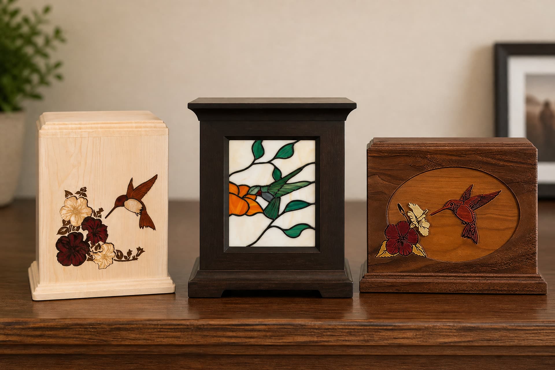 Three wooden cremation urns standing in a row on a wooden sideboard โ a pale maple urn inlaid with a hummingbird and flowers, a dark-stained urn with a stained-glass hummingbird panel set into its front, and a walnut urn with a hummingbird carved into an oval panel