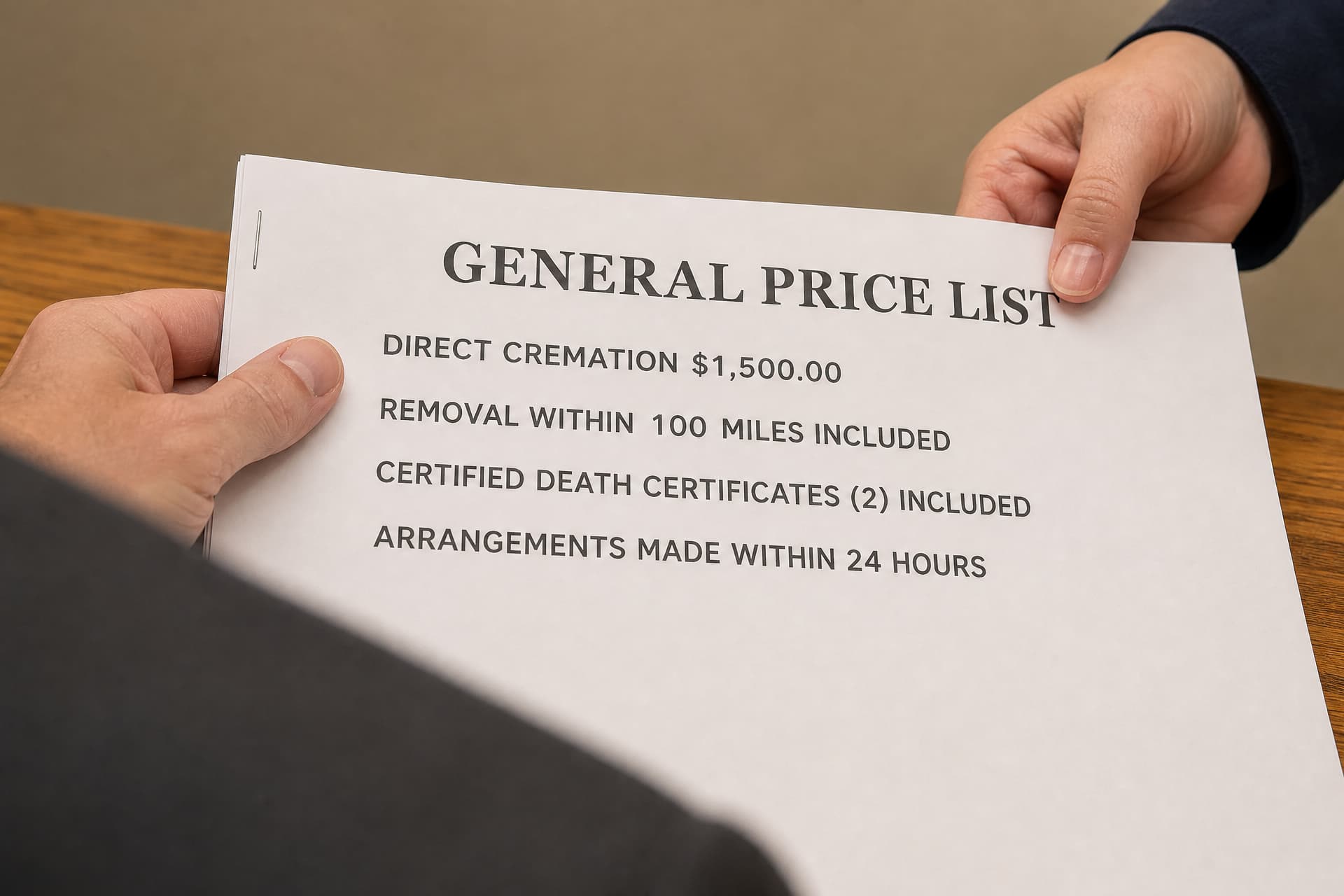 A close over-the-shoulder view of a stapled price list passing between two pairs of hands above a wooden counter, cropped to its top band: GENERAL PRICE LIST, DIRECT CREMATION $1,500.00, and three lines naming what the price includes