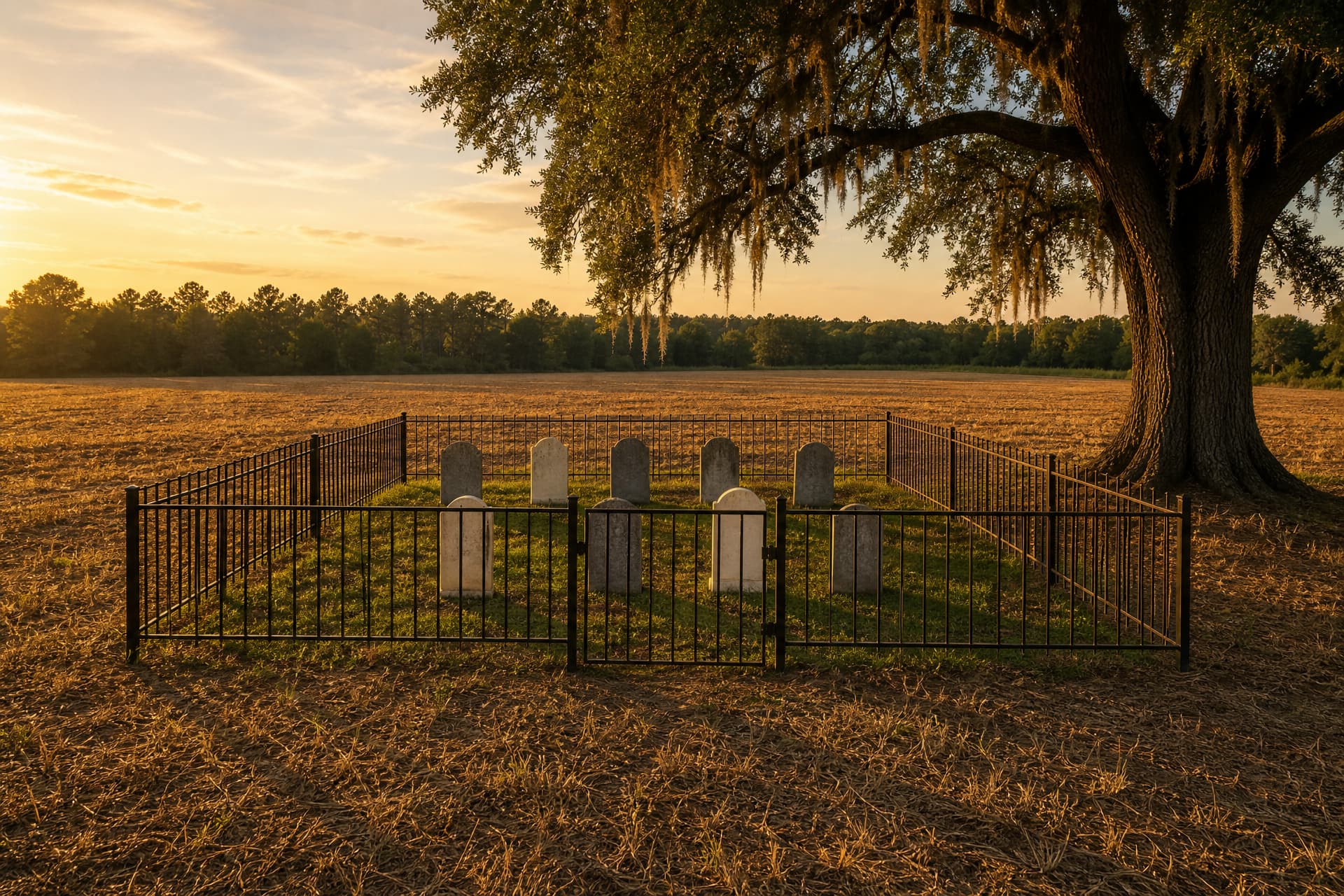 A small private family burying ground at the corner of a cut hayfield in low golden light, nine headstones seen from behind so no inscription shows, inside a waist-high black iron fence, beside one moss-hung live oak