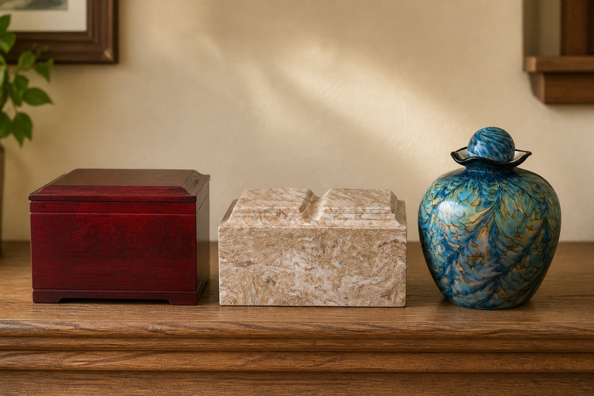 Three companion cremation urns in a row on a wooden sideboard in warm indoor light, shown at full height so their sizes compare: a cherry-red wooden chest, a beige marble chest and a rounded blue and gold glass urn