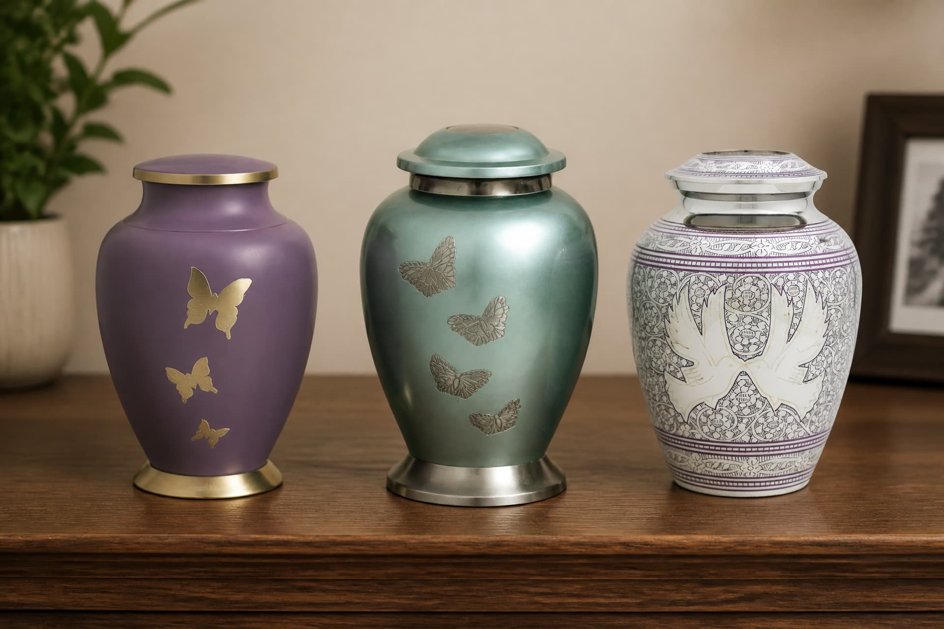 Three metal cremation urns in a row on a wooden sideboard in soft daylight against a plain wall: a lilac urn with gold butterflies, a sage-green urn with silver butterflies, and a white urn banded with engraved silver doves
