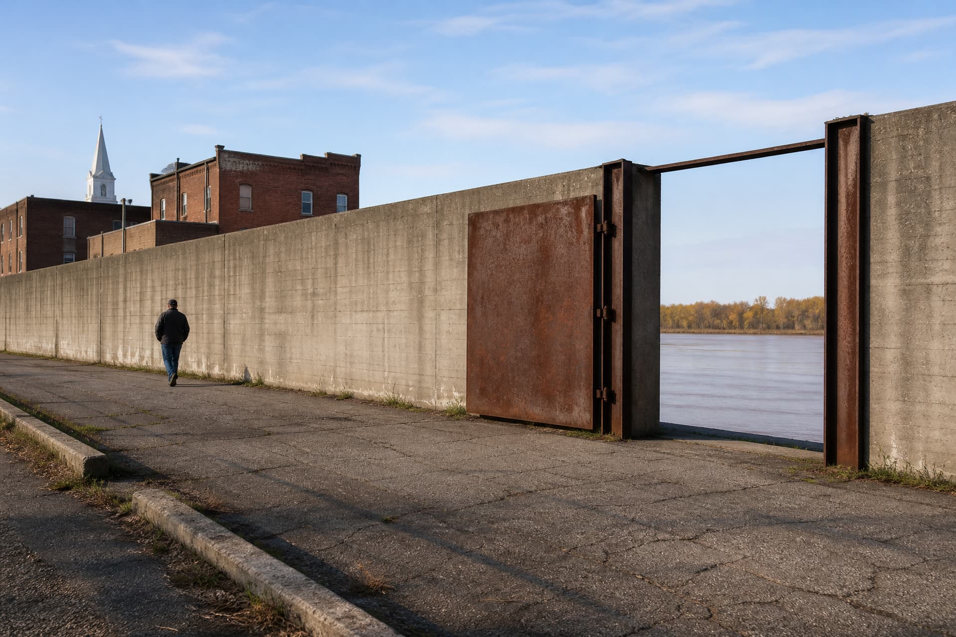 A concrete flood wall along a Missouri river town on a clear morning, its rusted steel closure gate standing open on a slice of brown water, red brick buildings and a white church steeple behind, one man walking beside it