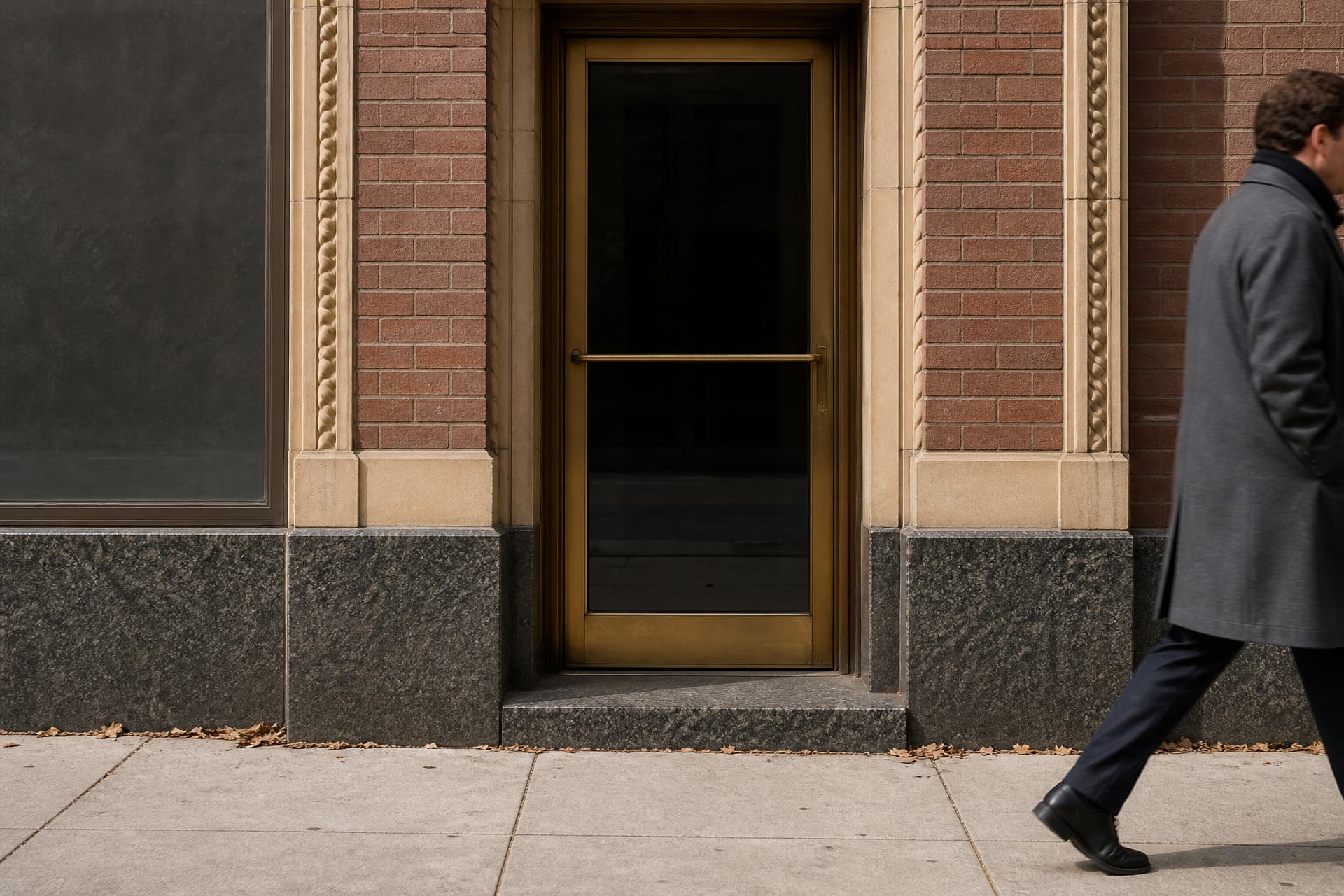 A plain brass and glass street door in a downtown St. Louis building, red brick piers and dark granite base around it, the frame cropped well below the sign band, a man in a gray overcoat passing on the sidewalk