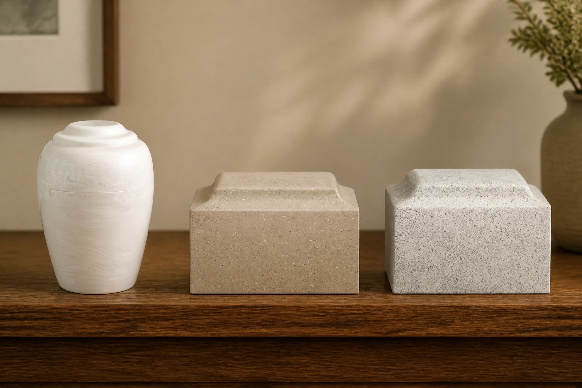 Three cultured stone cremation urns in a row on a wooden sideboard in warm indoor light β a white marble vase form at the left, then a warm taupe box urn and a speckled gray one
