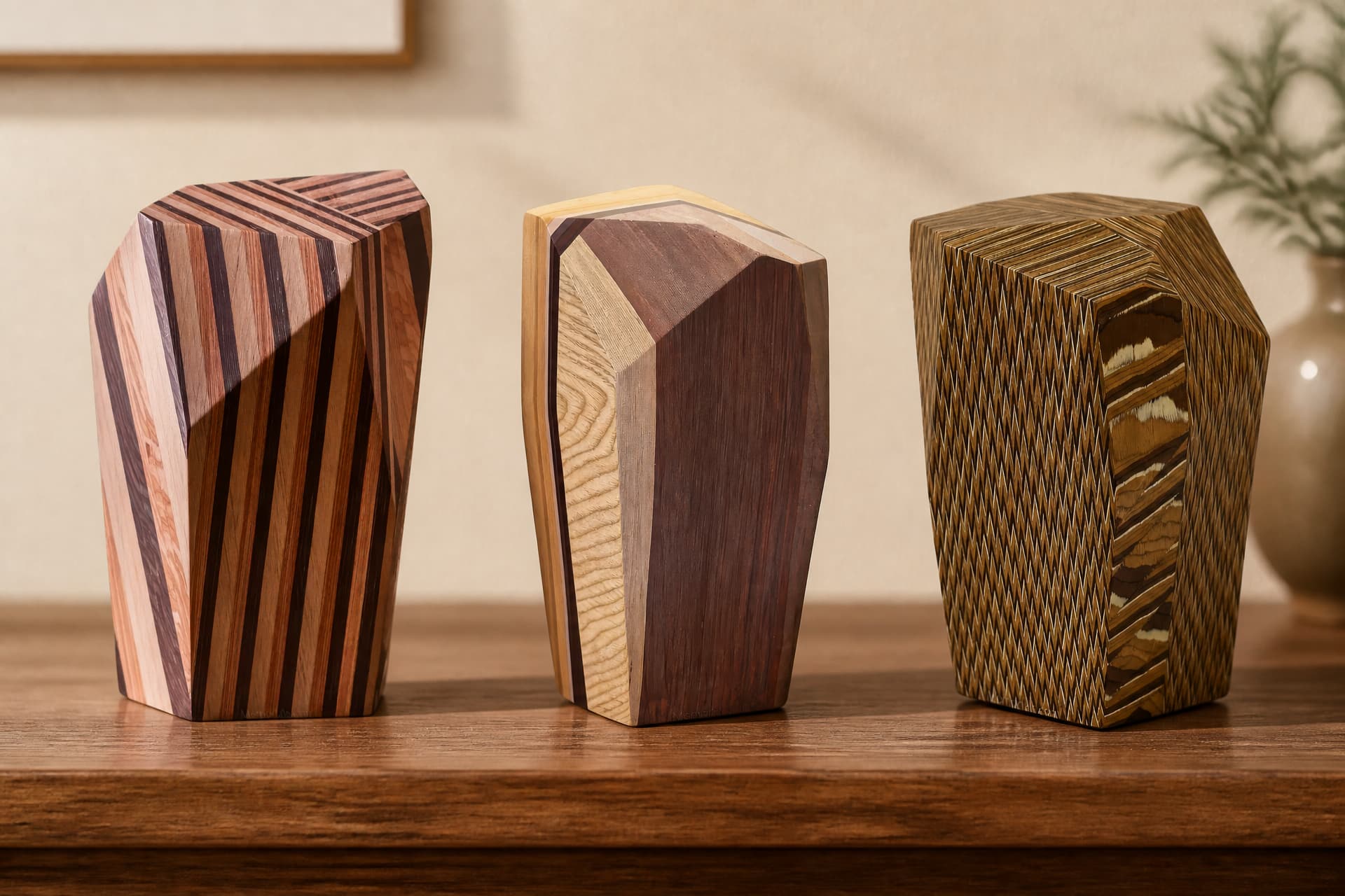 Three faceted wooden art cremation urns standing apart on a wooden sideboard in soft daylight, angular crystal-like forms in striped hardwood, in two-tone walnut and ash, and in chevron-grained bamboo