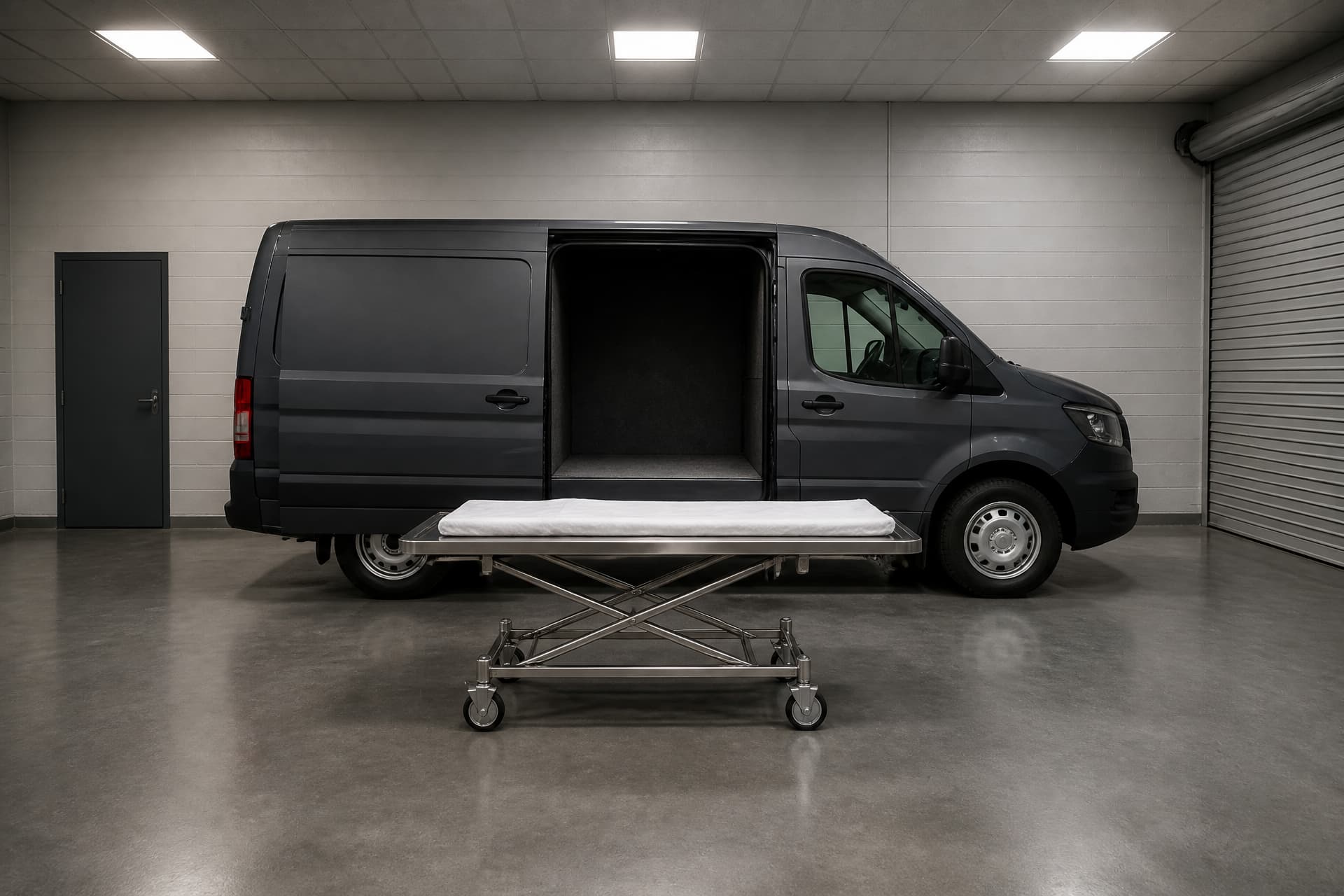 A plain dark gray cargo van standing side-on in a clean, empty funeral home garage bay, its sliding side door rolled open on a bare load floor, an empty stainless steel mortuary cot at loading height beside it